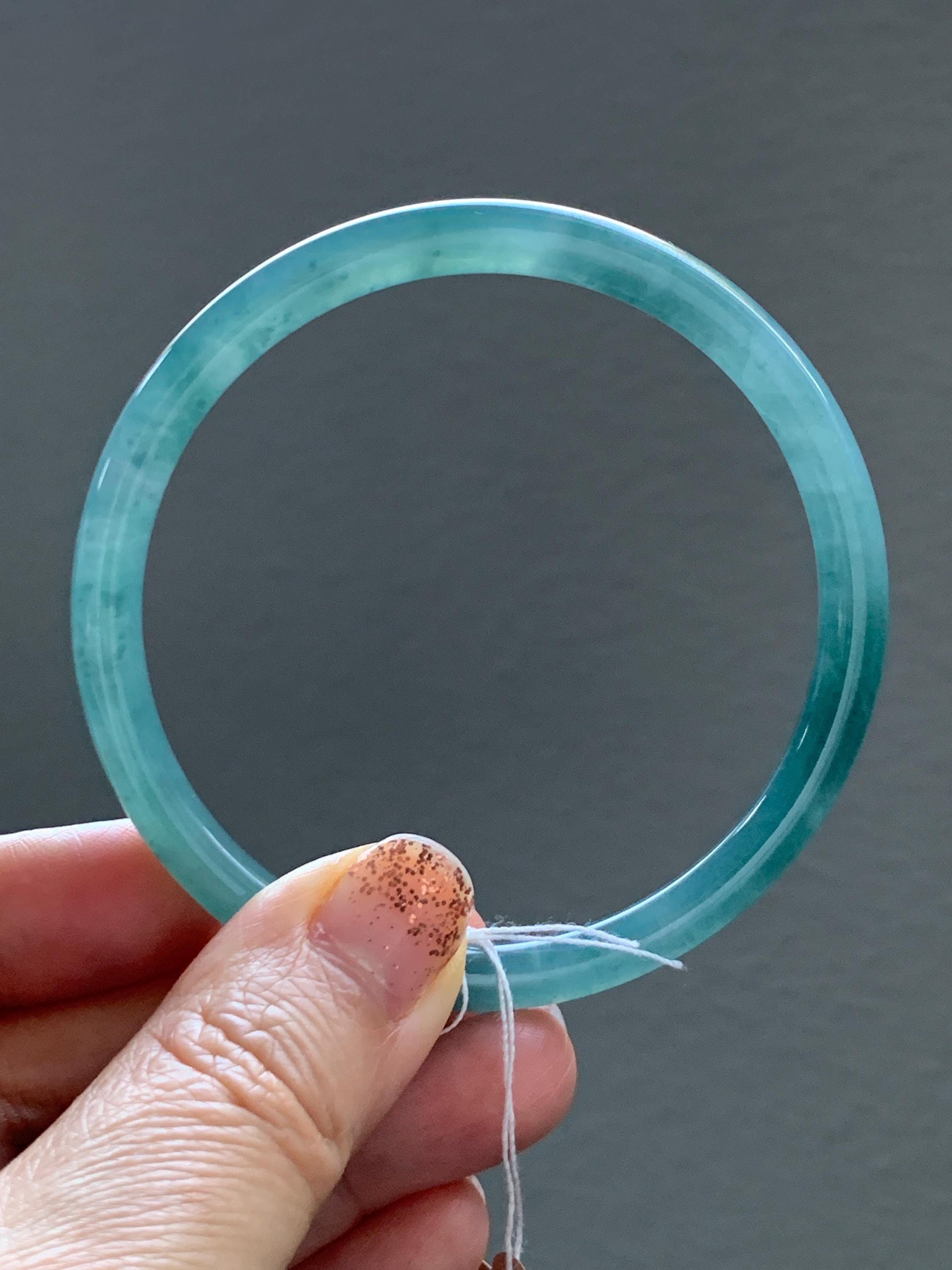 Certified Natural Grade A Guatemalan Icy Translucent Dusty Teal Green Jade Jadeite Slim Bangle 60mm 7.42” 21g 天然冰危晴蓝翡翠细圆条手镯 461