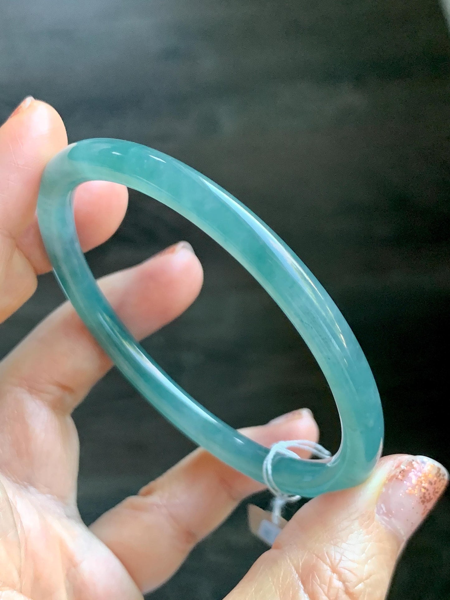 Certified Natural Grade A Guatemalan Icy Translucent Dusty Teal Green Jade Jadeite Slim Bangle 60mm 7.42” 21g 天然冰危晴蓝翡翠细圆条手镯 461