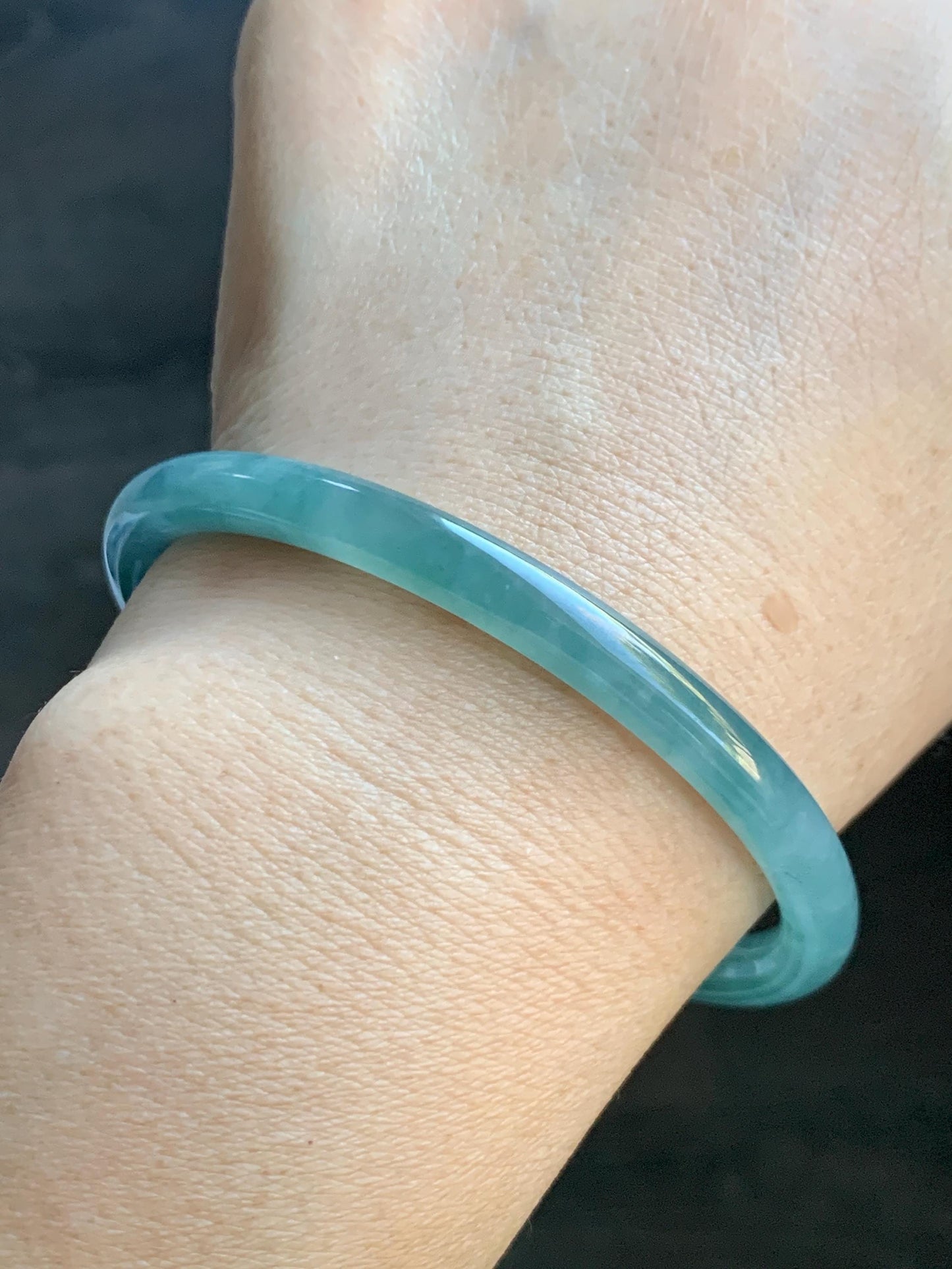 Certified Natural Grade A Guatemalan Icy Translucent Dusty Teal Green Jade Jadeite Slim Bangle 60mm 7.42” 21g 天然冰危晴蓝翡翠细圆条手镯 461