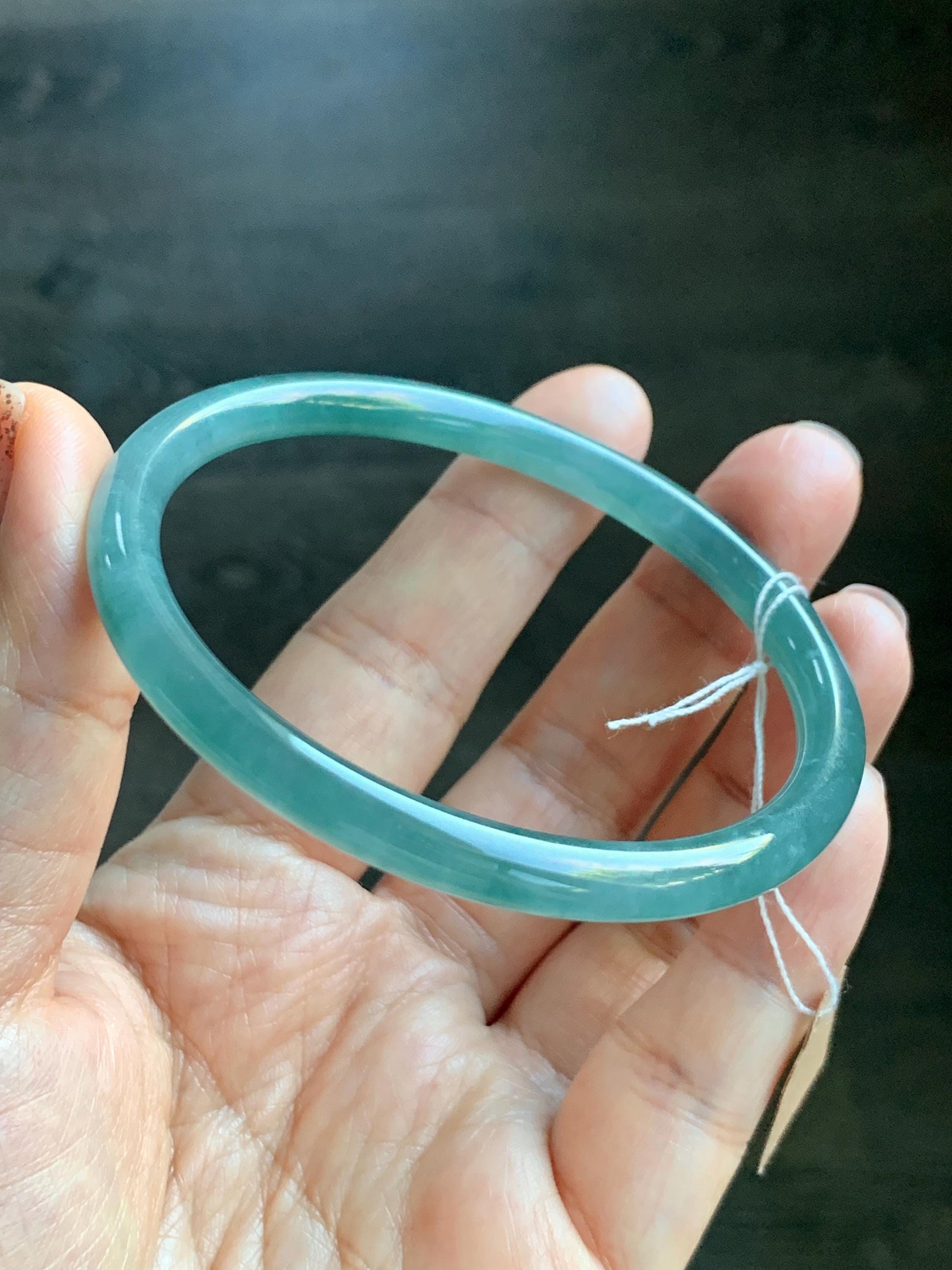 Certified Natural Grade A Guatemalan Icy Translucent Dusty Teal Green Jade Jadeite Slim Bangle 60mm 7.42” 21g 天然冰危晴蓝翡翠细圆条手镯 461