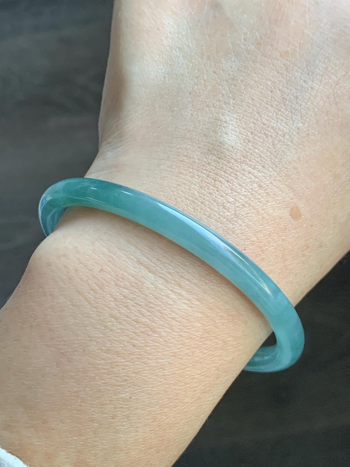 Certified Natural Grade A Guatemalan Icy Translucent Dusty Teal Green Jade Jadeite Slim Bangle 60mm 7.42” 21g 天然冰危晴蓝翡翠细圆条手镯 461