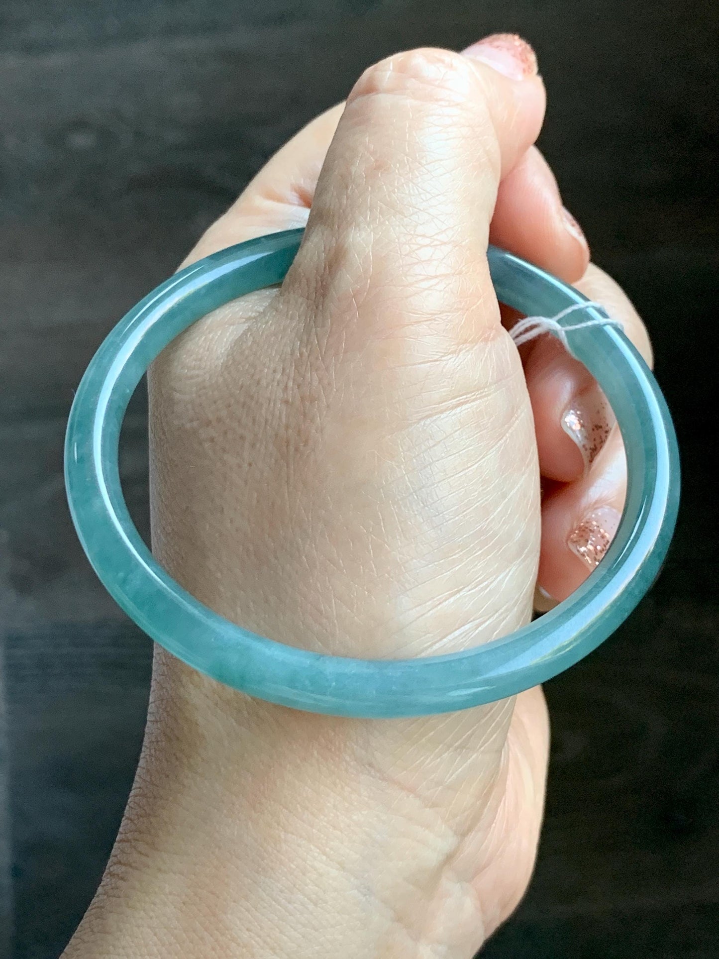 Certified Natural Grade A Guatemalan Icy Translucent Dusty Teal Green Jade Jadeite Slim Bangle 60mm 7.42” 21g 天然冰危晴蓝翡翠细圆条手镯 461