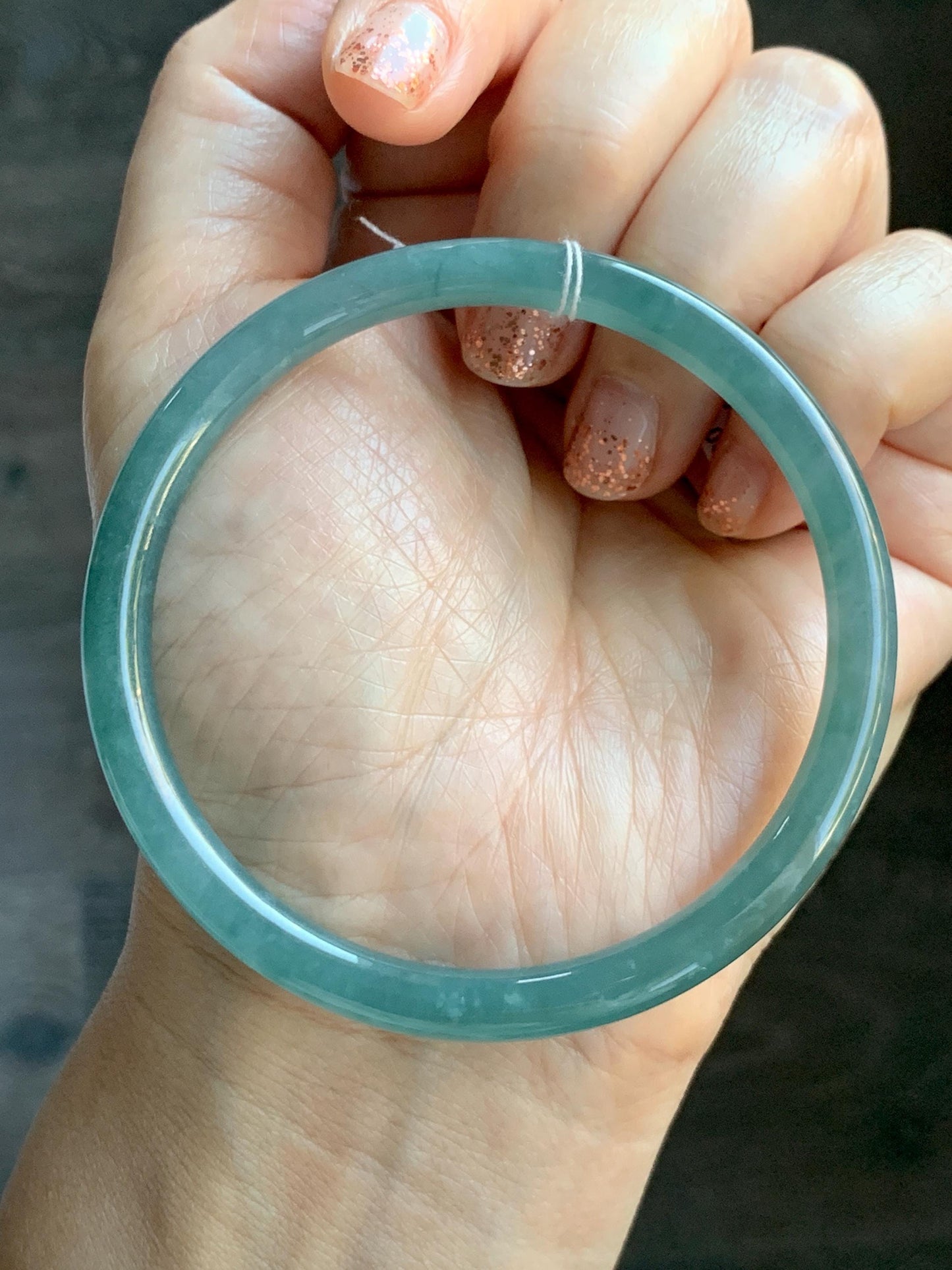 Certified Natural Grade A Guatemalan Icy Translucent Dusty Teal Green Jade Jadeite Slim Bangle 60mm 7.42” 21g 天然冰危晴蓝翡翠细圆条手镯 461