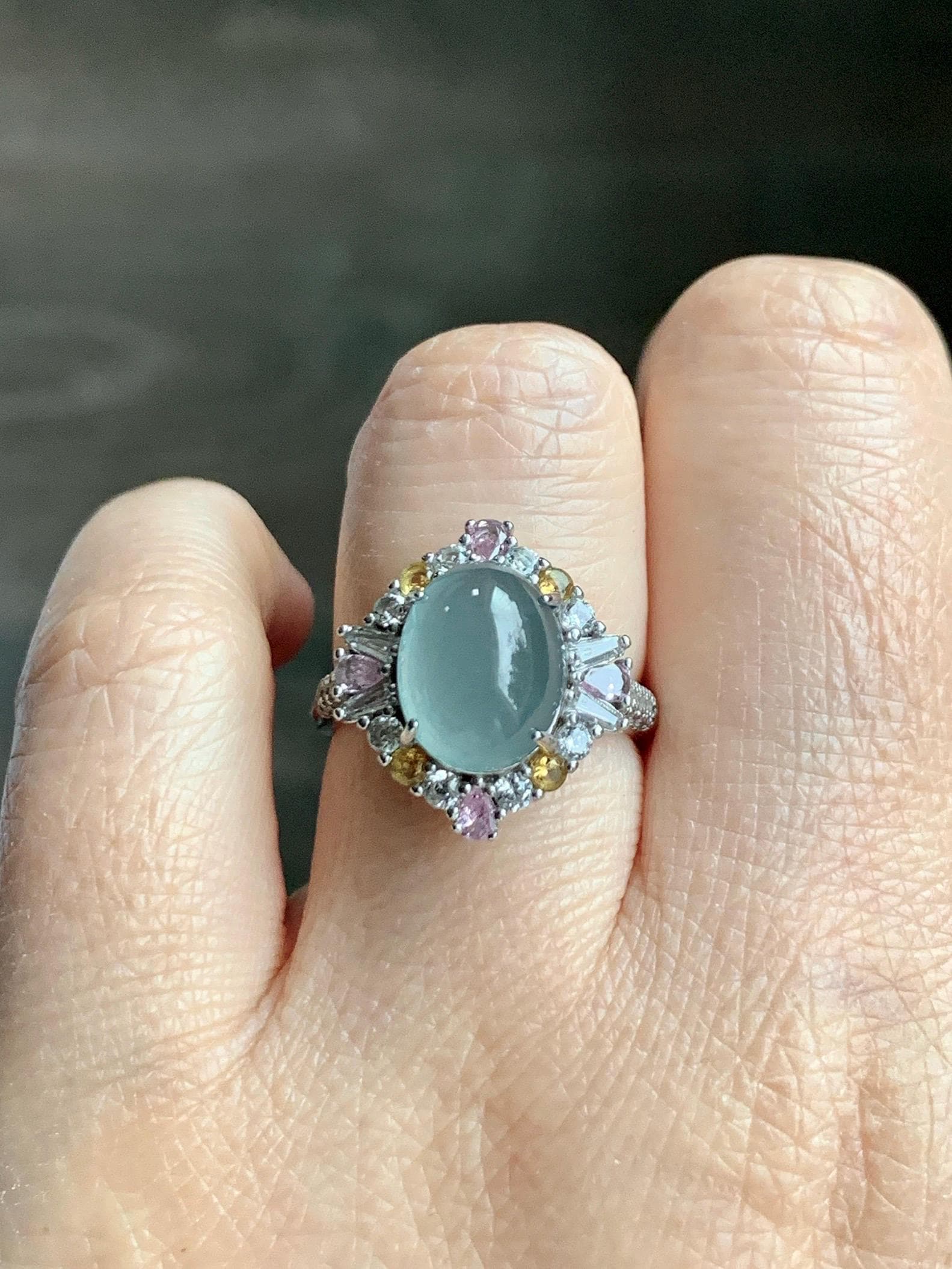 Natural Grade A Guatemalan Icy Translucent Pastel Teal Blue Oval Jade Jadeite Ring Sterling Silver Size Adjustable 天然冰危蓝翡翠银镶戒指 LDB132