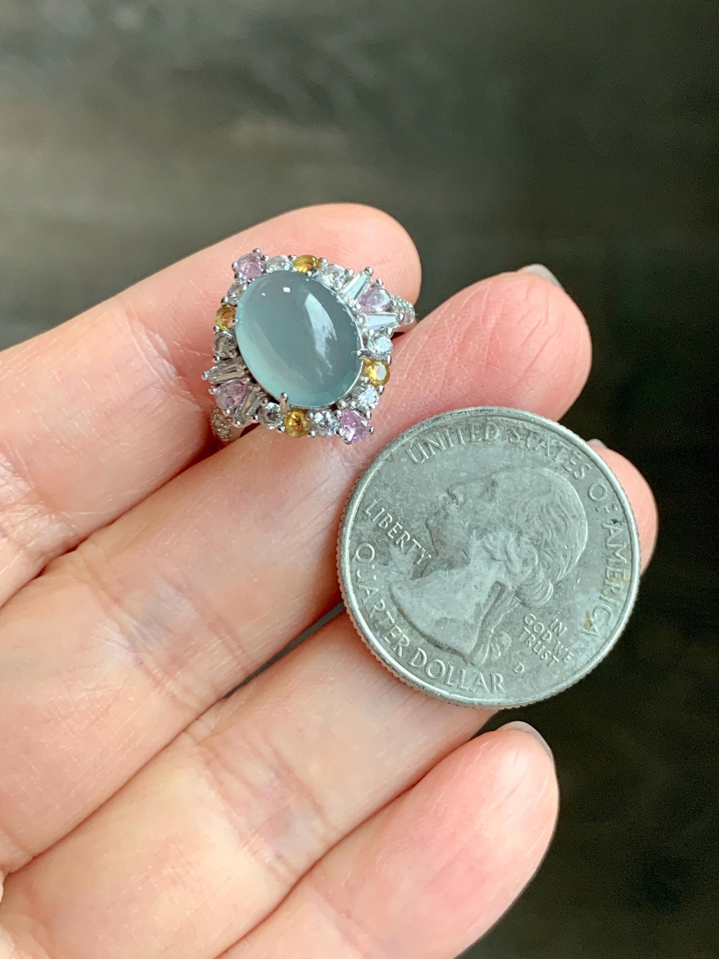 Natural Grade A Guatemalan Icy Translucent Pastel Teal Blue Oval Jade Jadeite Ring Sterling Silver Size Adjustable 天然冰危蓝翡翠银镶戒指 LDB132