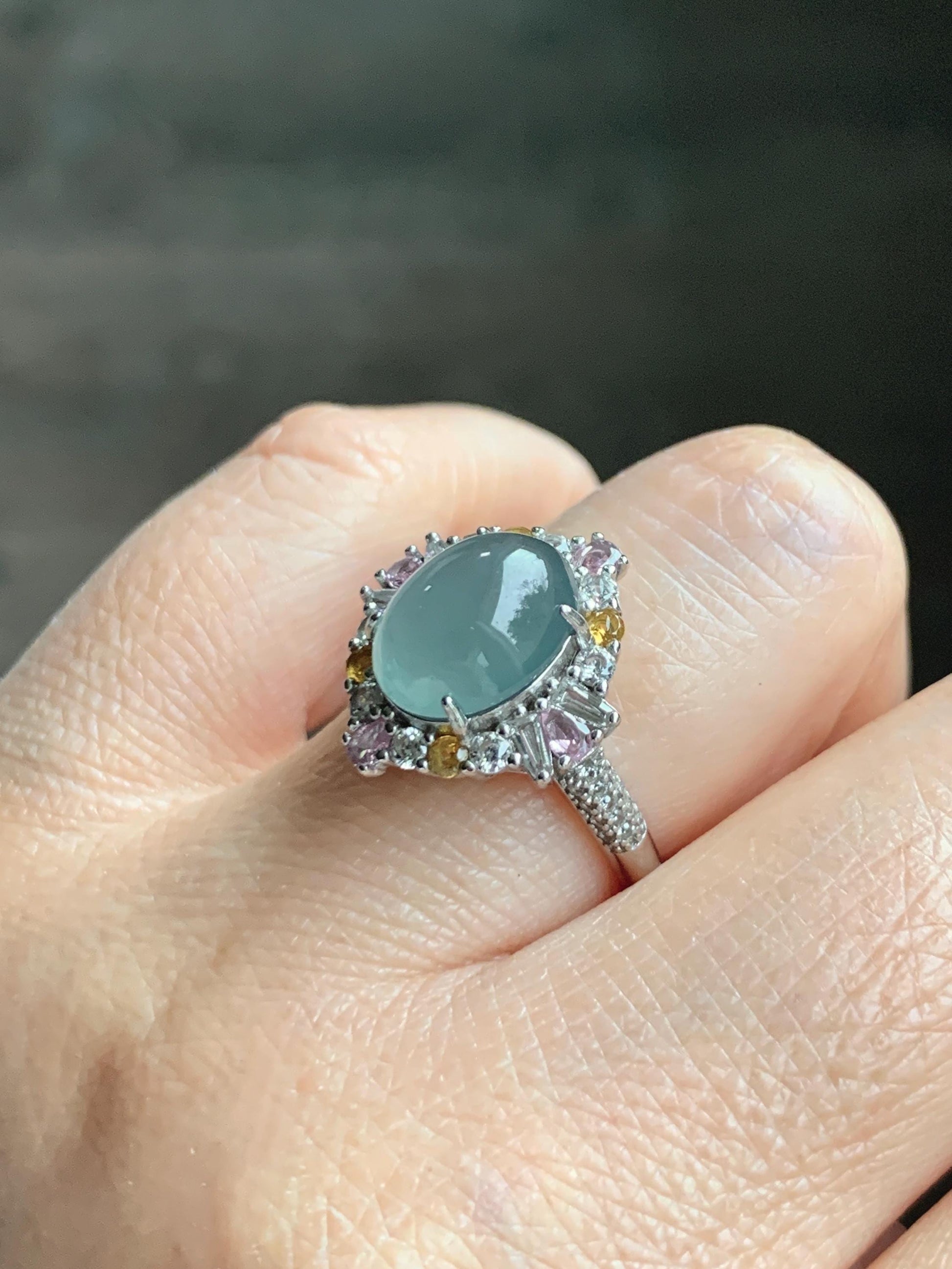 Natural Grade A Guatemalan Icy Translucent Pastel Teal Blue Oval Jade Jadeite Ring Sterling Silver Size Adjustable 天然冰危蓝翡翠银镶戒指 LDB132