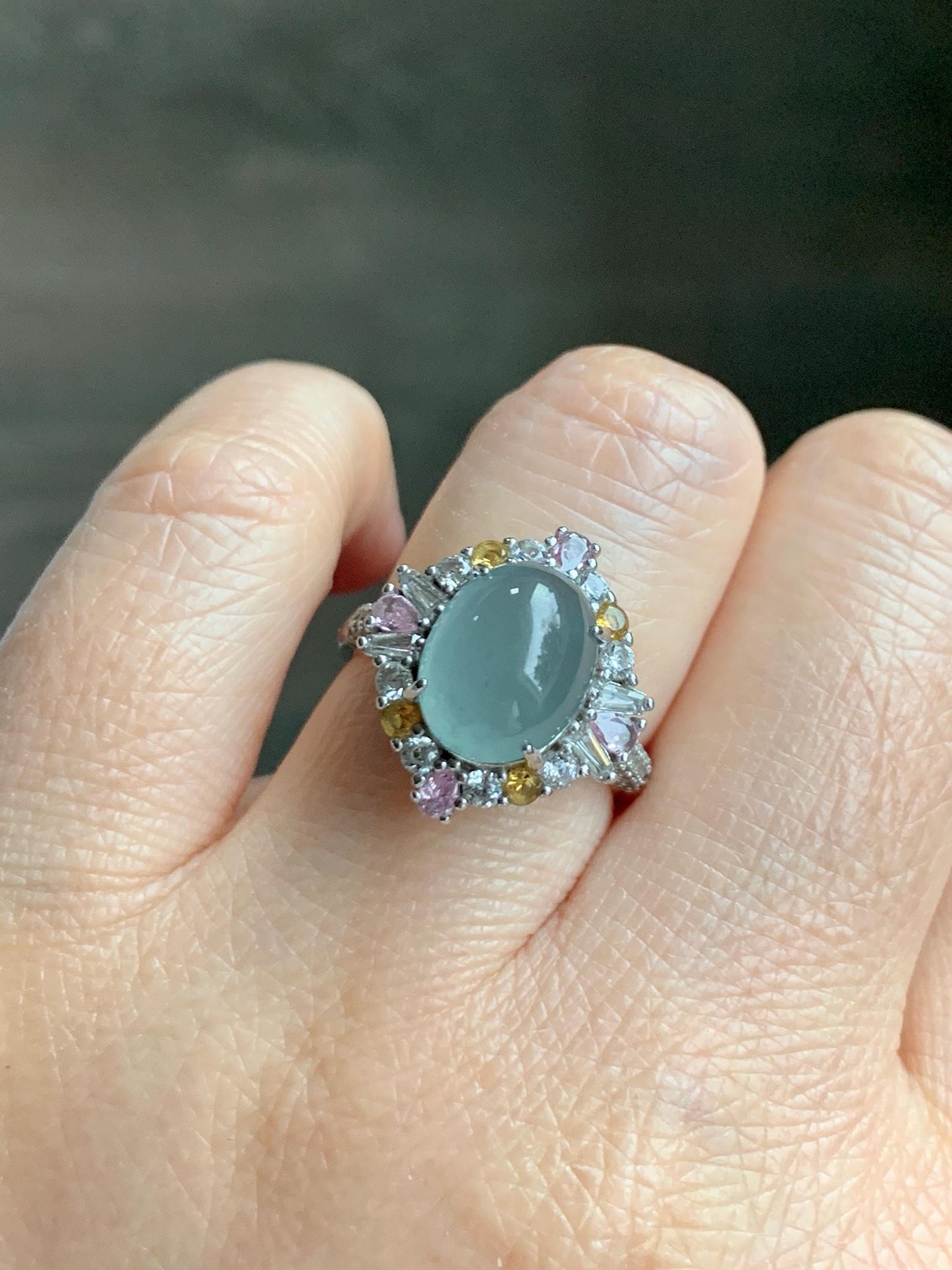 Natural Grade A Guatemalan Icy Translucent Pastel Teal Blue Oval Jade Jadeite Ring Sterling Silver Size Adjustable 天然冰危蓝翡翠银镶戒指 LDB132