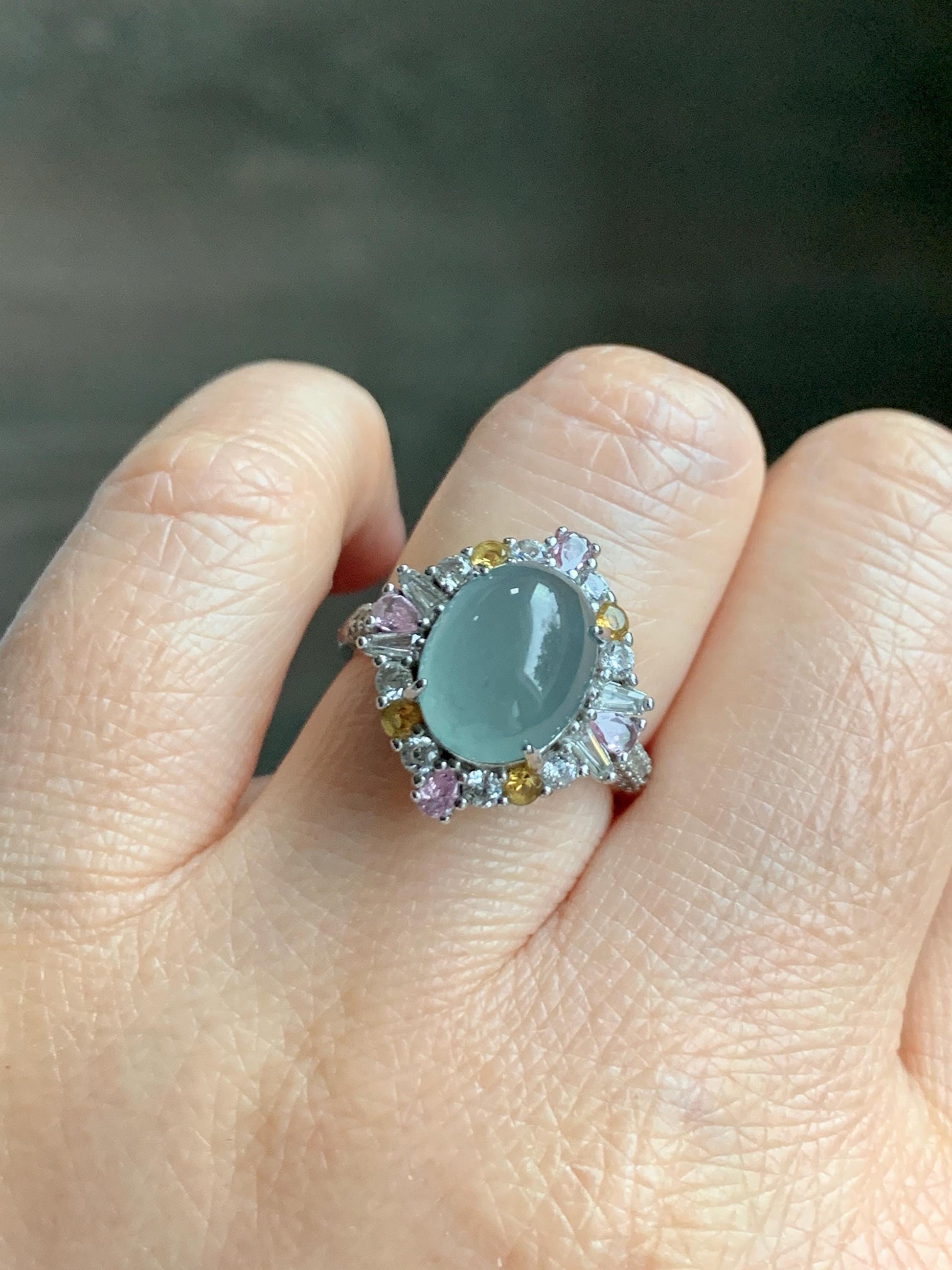 Natural Grade A Guatemalan Icy Translucent Pastel Teal Blue Oval Jade Jadeite Ring Sterling Silver Size Adjustable 天然冰危蓝翡翠银镶戒指 LDB132