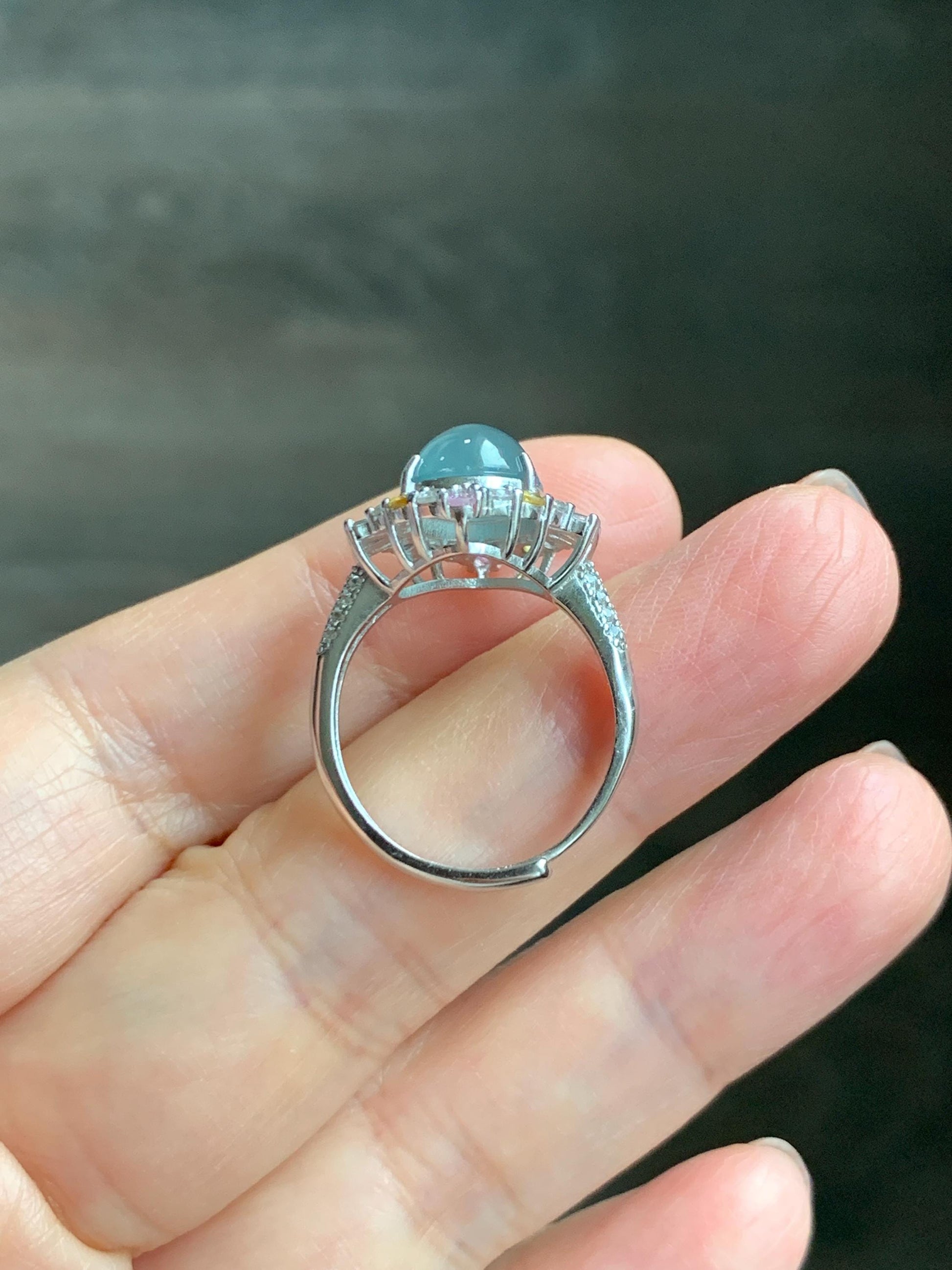 Natural Grade A Guatemalan Icy Translucent Pastel Teal Blue Oval Jade Jadeite Ring Sterling Silver Size Adjustable 天然冰危蓝翡翠银镶戒指 LDB132