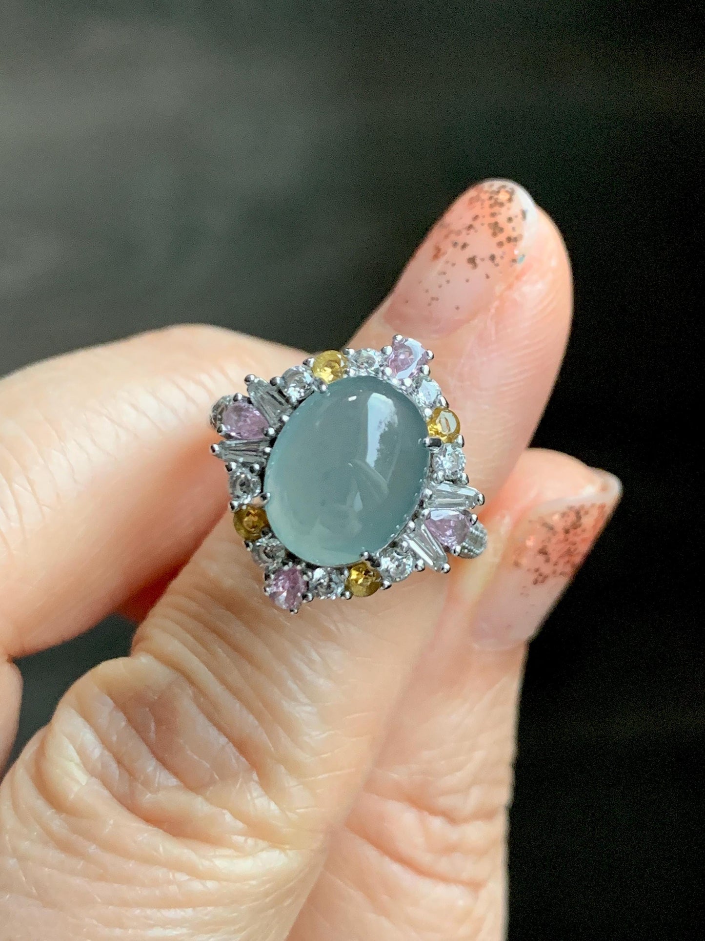 Natural Grade A Guatemalan Icy Translucent Pastel Teal Blue Oval Jade Jadeite Ring Sterling Silver Size Adjustable 天然冰危蓝翡翠银镶戒指 LDB132