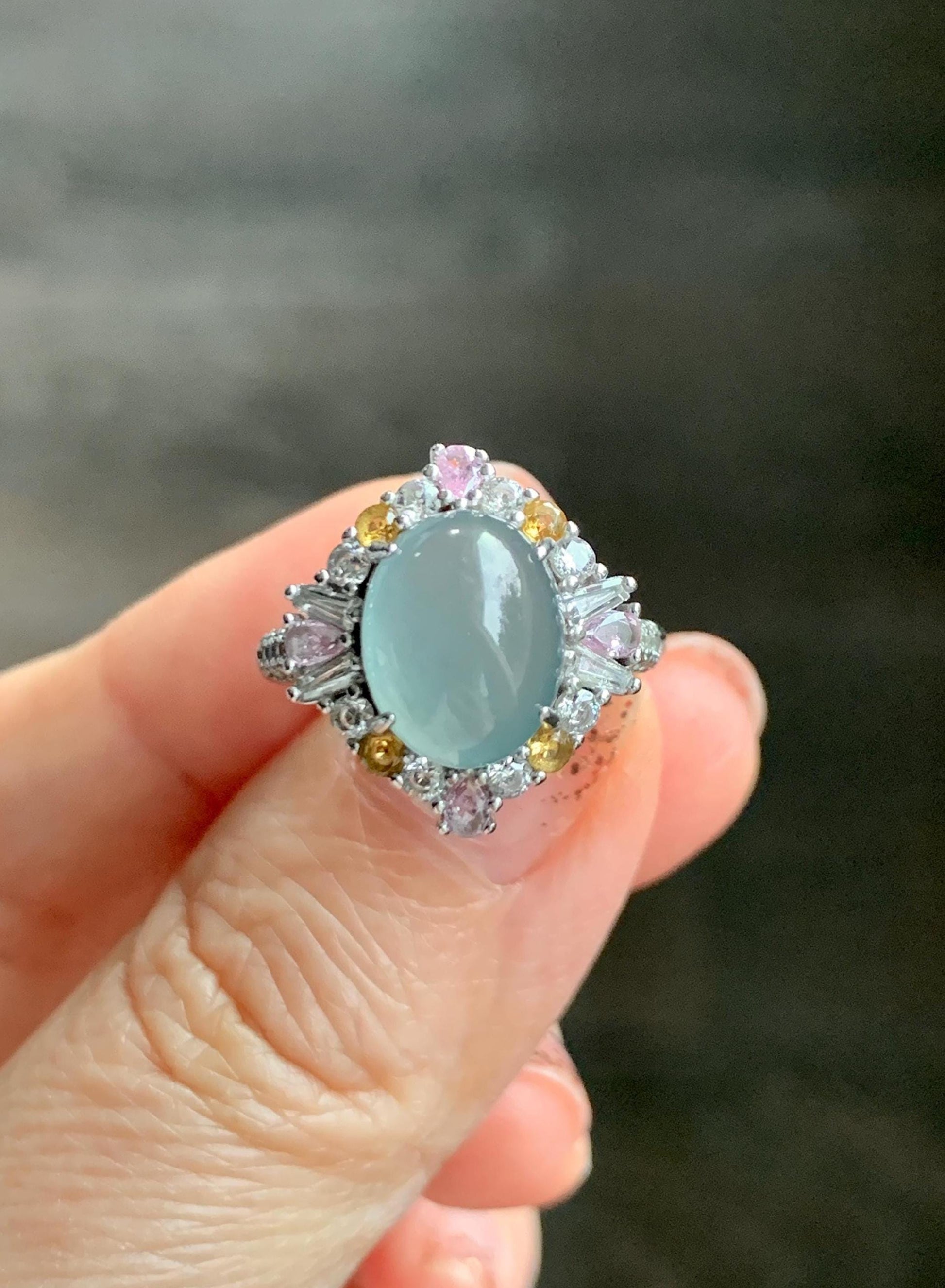 Natural Grade A Guatemalan Icy Translucent Pastel Teal Blue Oval Jade Jadeite Ring Sterling Silver Size Adjustable 天然冰危蓝翡翠银镶戒指 LDB132