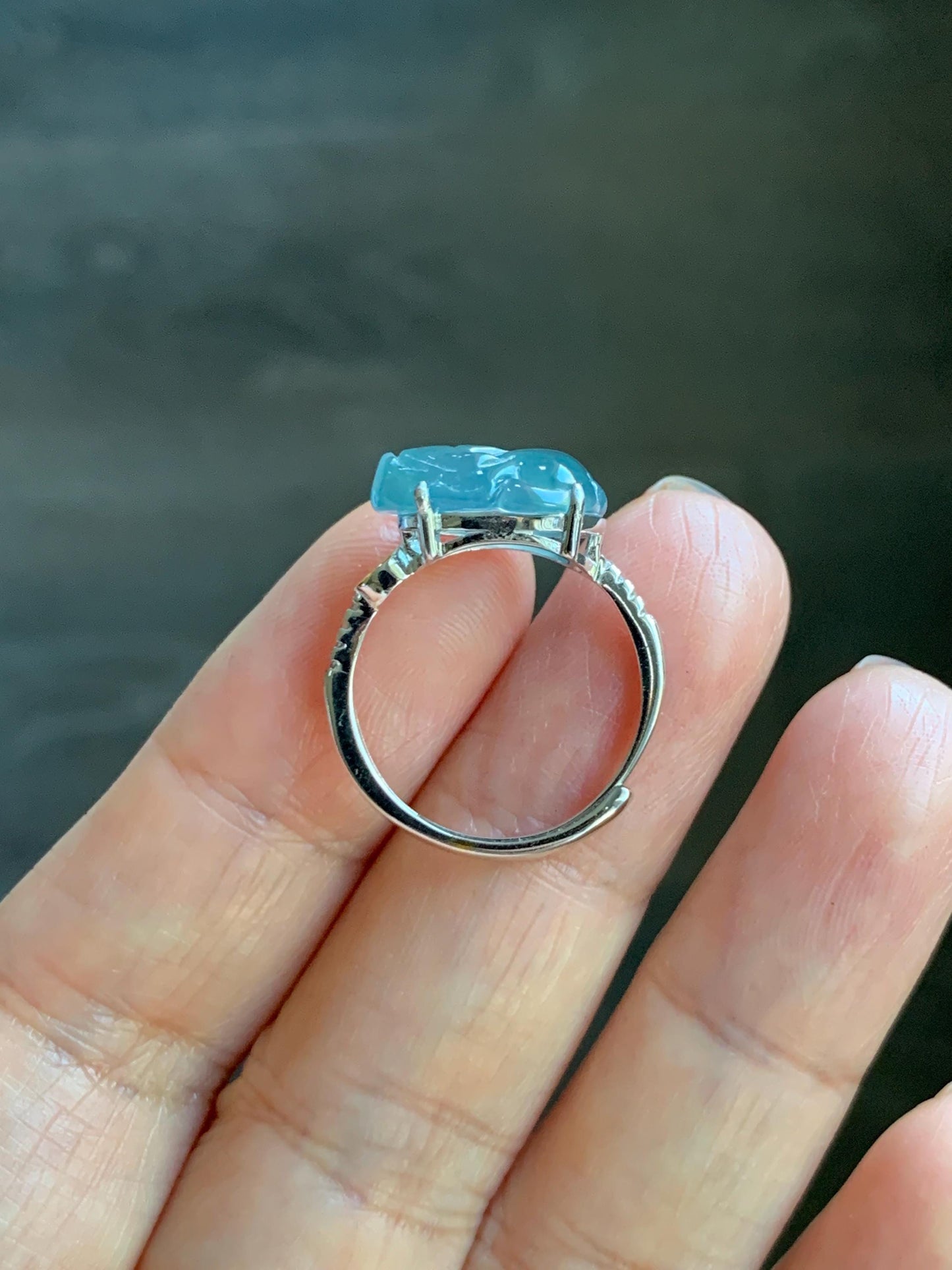 Natural Grade A Guatemalan Icy Highly Translucent Teal Jade Jadeite Pixiu Ring Sterling Silver Size 7 US Adjustable 天然冰危浅蓝翡翠貔貅银镶戒指 WLP96A