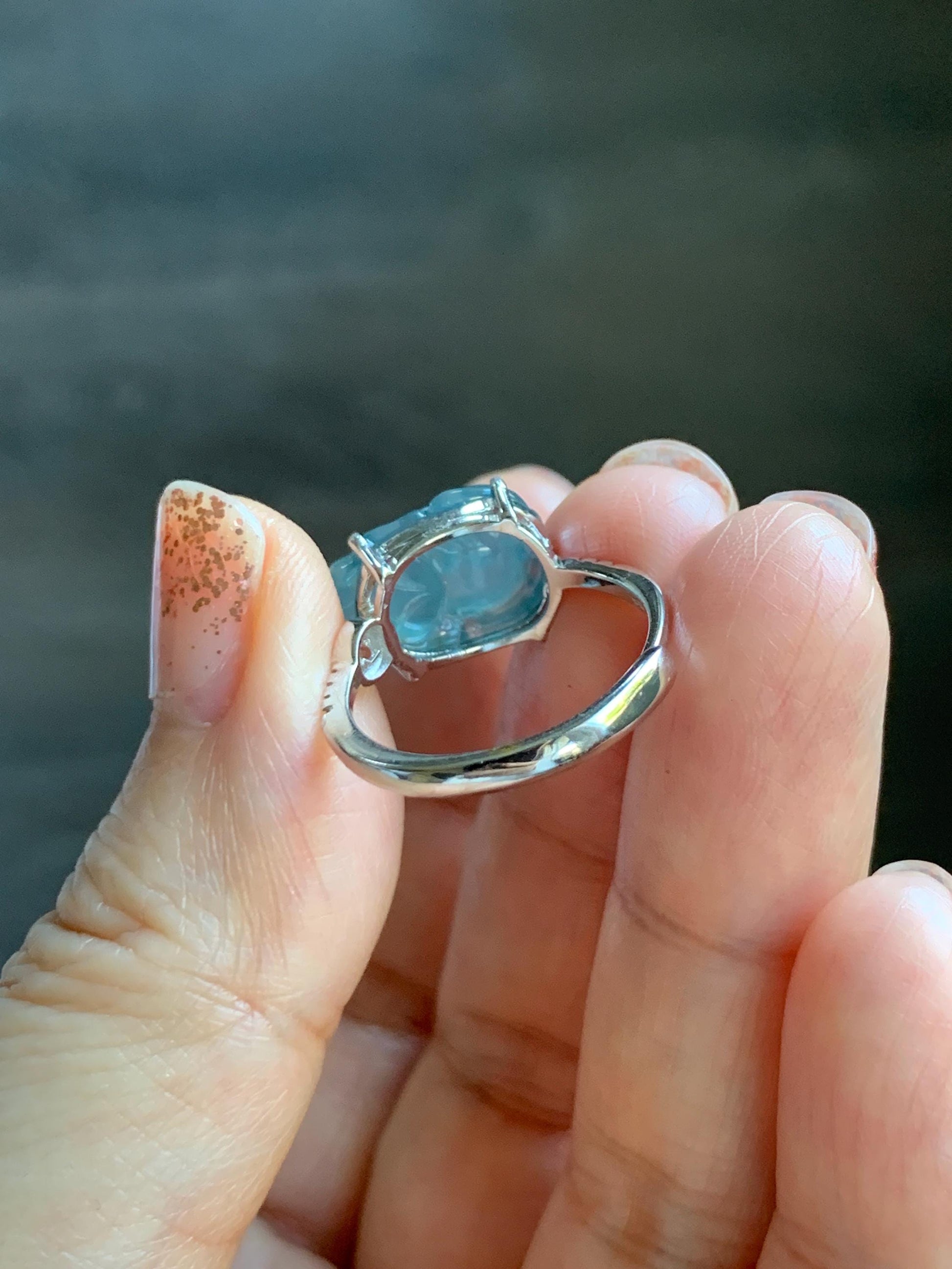 Natural Grade A Guatemalan Icy Highly Translucent Teal Jade Jadeite Pixiu Ring Sterling Silver Size 7 US Adjustable 天然冰危浅蓝翡翠貔貅银镶戒指 WLP96A