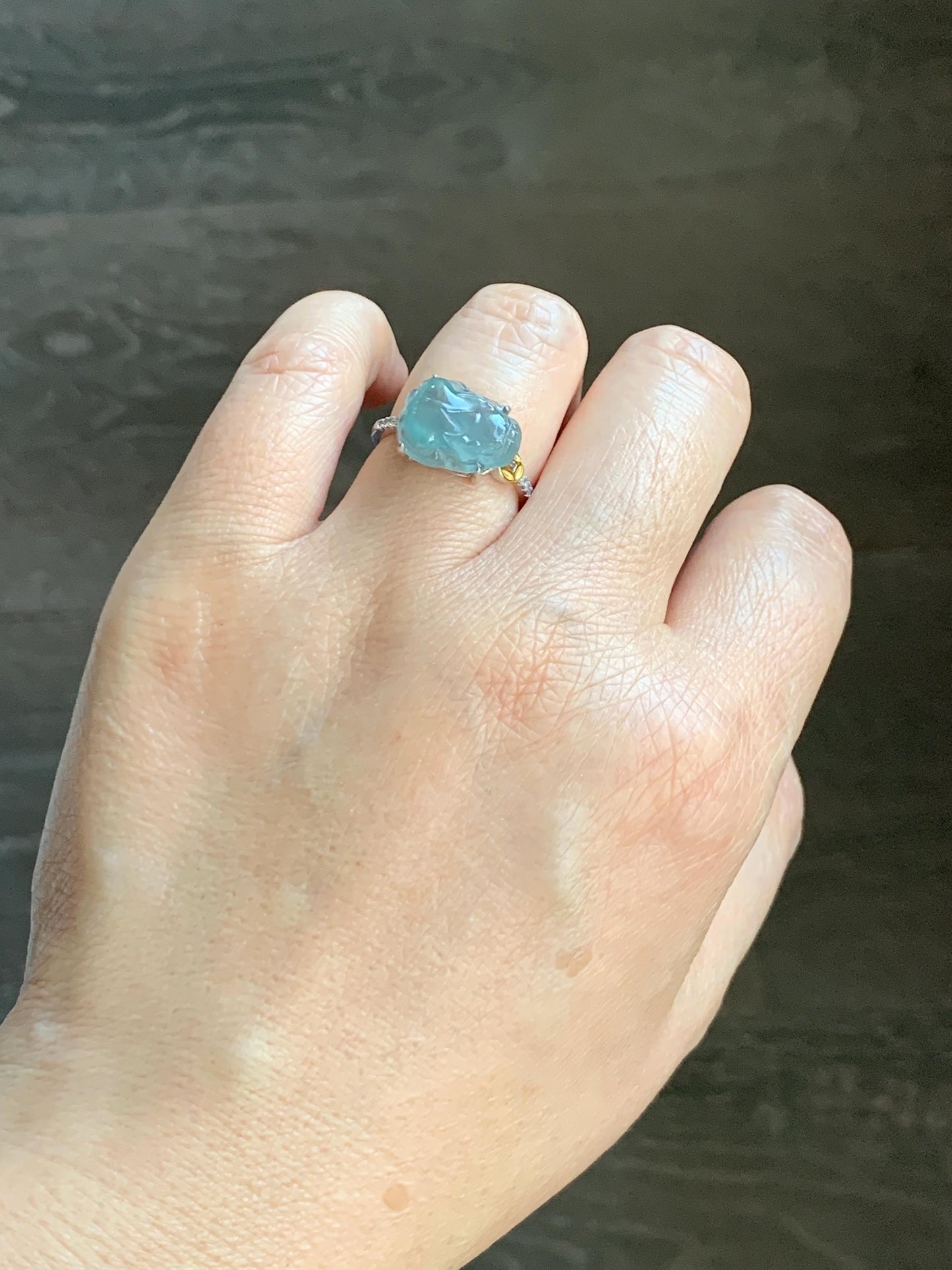 Natural Grade A Guatemalan Icy Highly Translucent Teal Jade Jadeite Pixiu Ring Sterling Silver Size 7 US Adjustable 天然冰危浅蓝翡翠貔貅银镶戒指 WLP96A