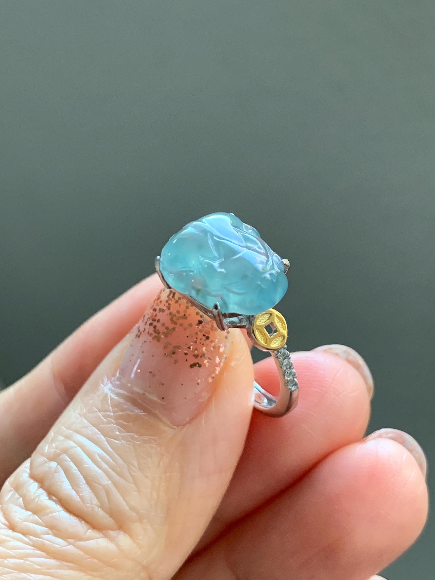 Natural Grade A Guatemalan Icy Highly Translucent Teal Jade Jadeite Pixiu Ring Sterling Silver Size 7 US Adjustable 天然冰危浅蓝翡翠貔貅银镶戒指 WLP96A