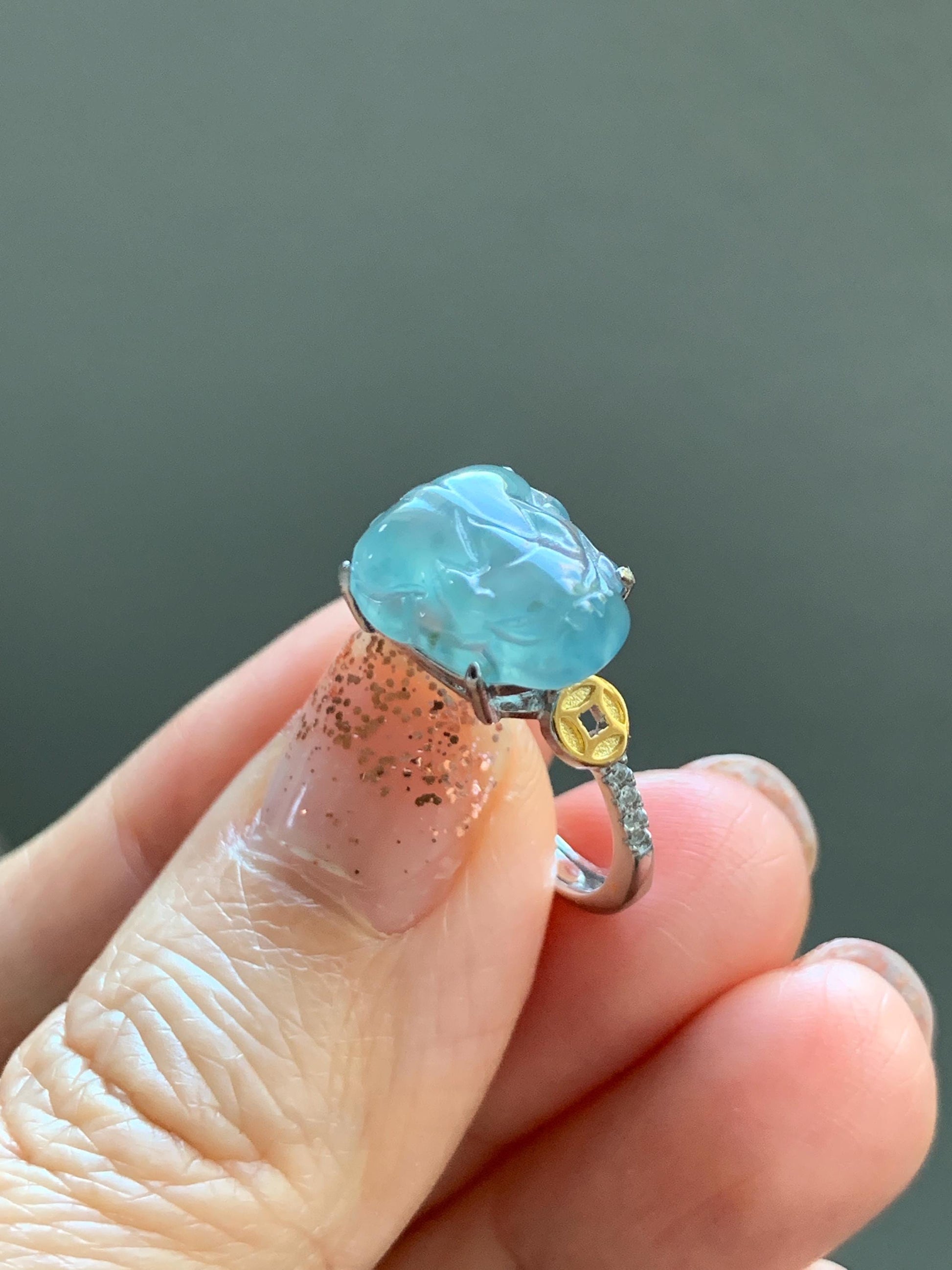Natural Grade A Guatemalan Icy Highly Translucent Teal Jade Jadeite Pixiu Ring Sterling Silver Size 7 US Adjustable 天然冰危浅蓝翡翠貔貅银镶戒指 WLP96A