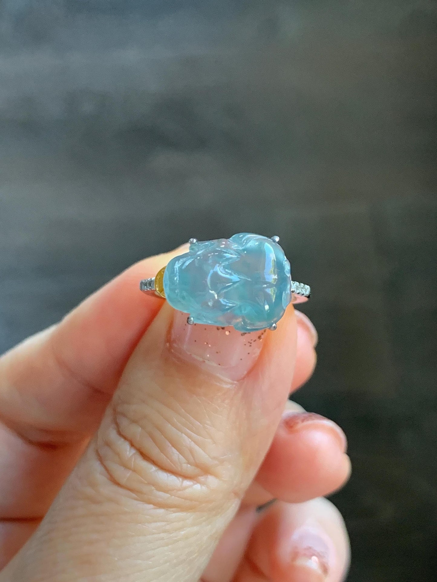 Natural Grade A Guatemalan Icy Highly Translucent Teal Jade Jadeite Pixiu Ring Sterling Silver Size 7 US Adjustable 天然冰危浅蓝翡翠貔貅银镶戒指 WLP96A