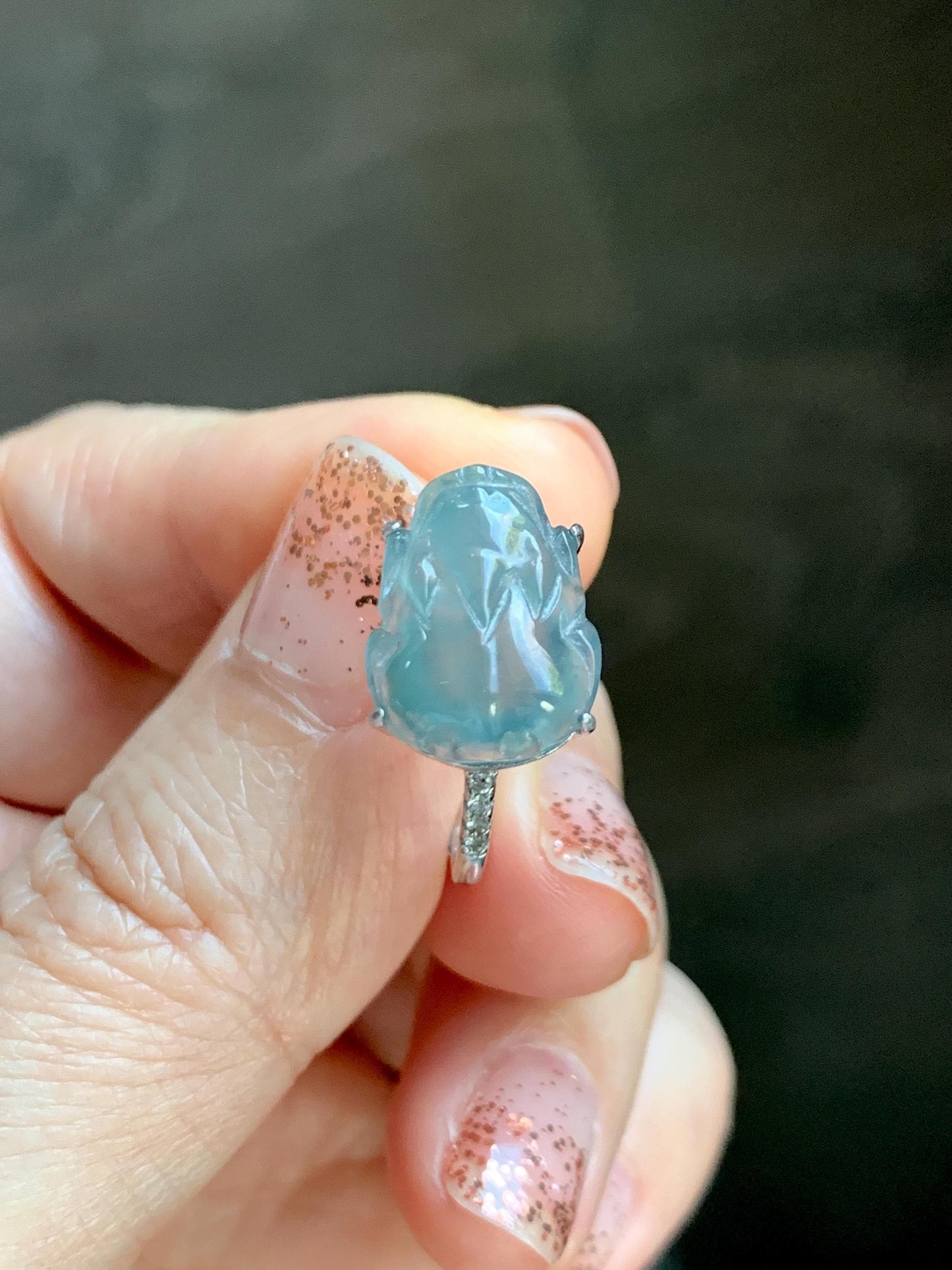 Natural Grade A Guatemalan Icy Highly Translucent Teal Jade Jadeite Pixiu Ring Sterling Silver Size 7 US Adjustable 天然冰危浅蓝翡翠貔貅银镶戒指 WLP96A
