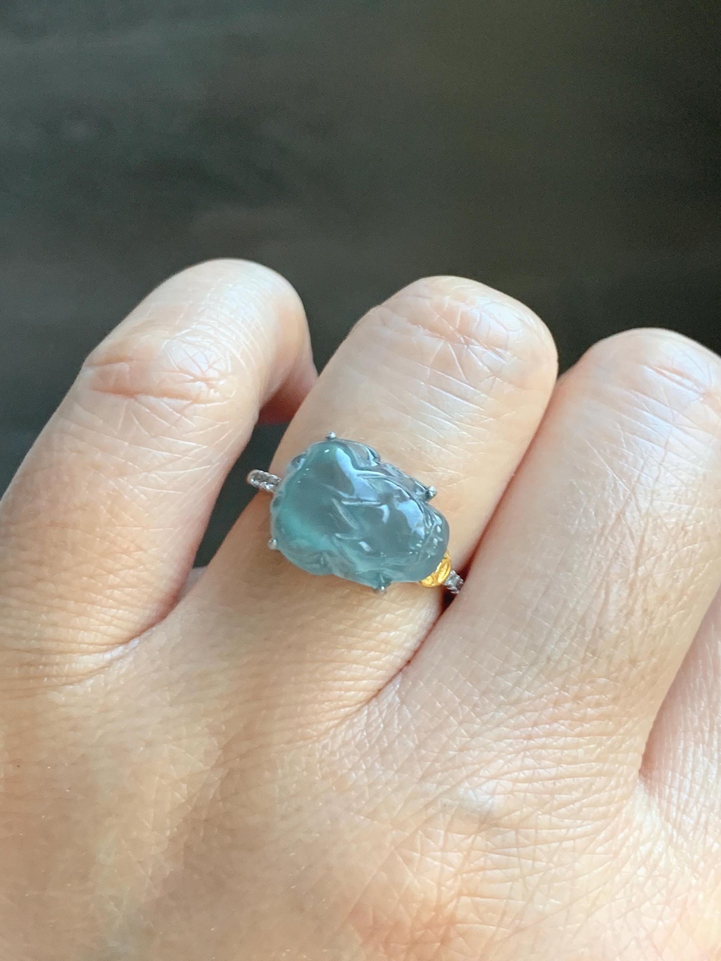 Natural Grade A Guatemalan Icy Highly Translucent Teal Jade Jadeite Pixiu Ring Sterling Silver Size 7 US Adjustable 天然冰危浅蓝翡翠貔貅银镶戒指 WLP96A