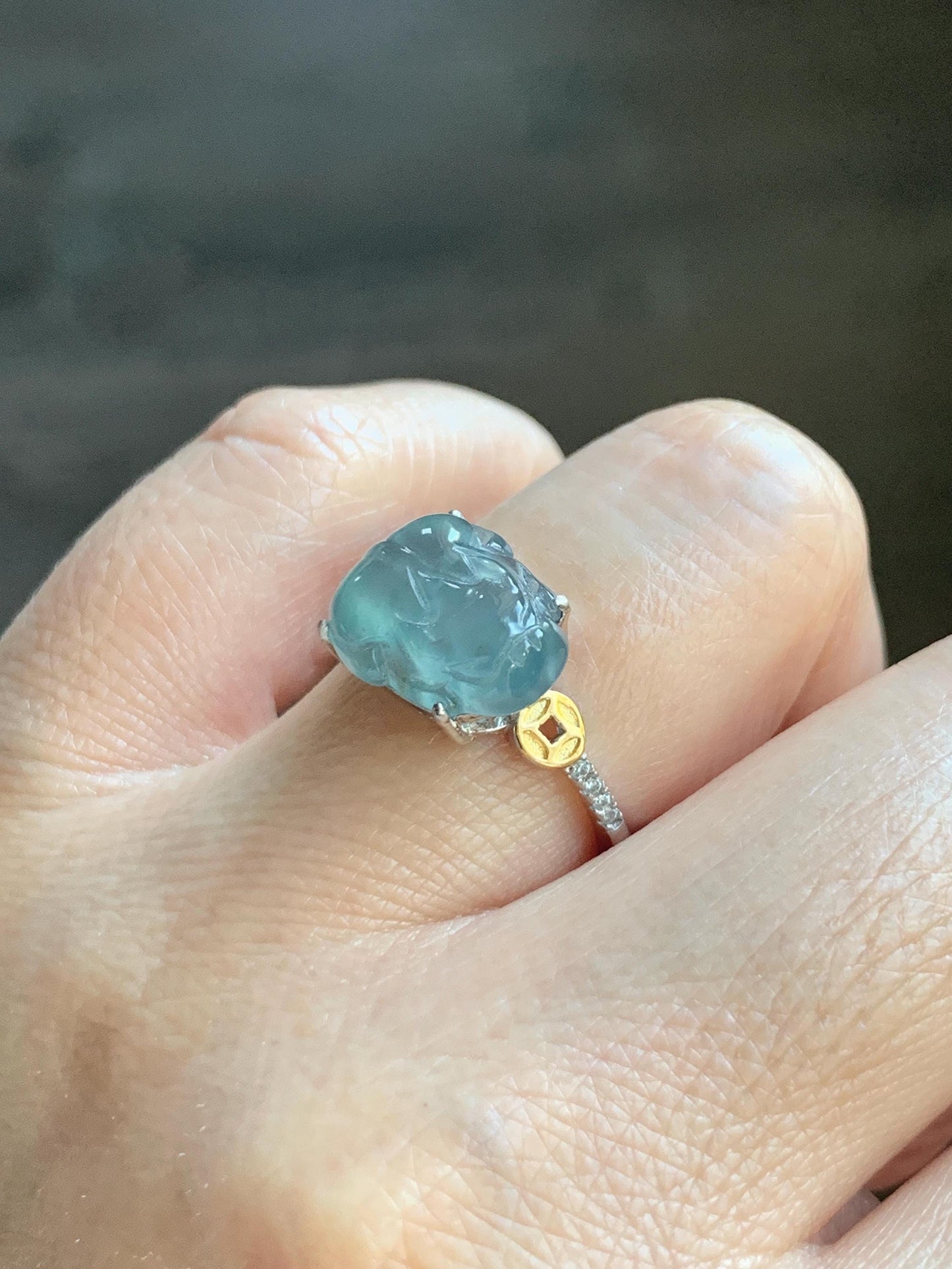 Natural Grade A Guatemalan Icy Highly Translucent Teal Jade Jadeite Pixiu Ring Sterling Silver Size 7 US Adjustable 天然冰危浅蓝翡翠貔貅银镶戒指 WLP96A