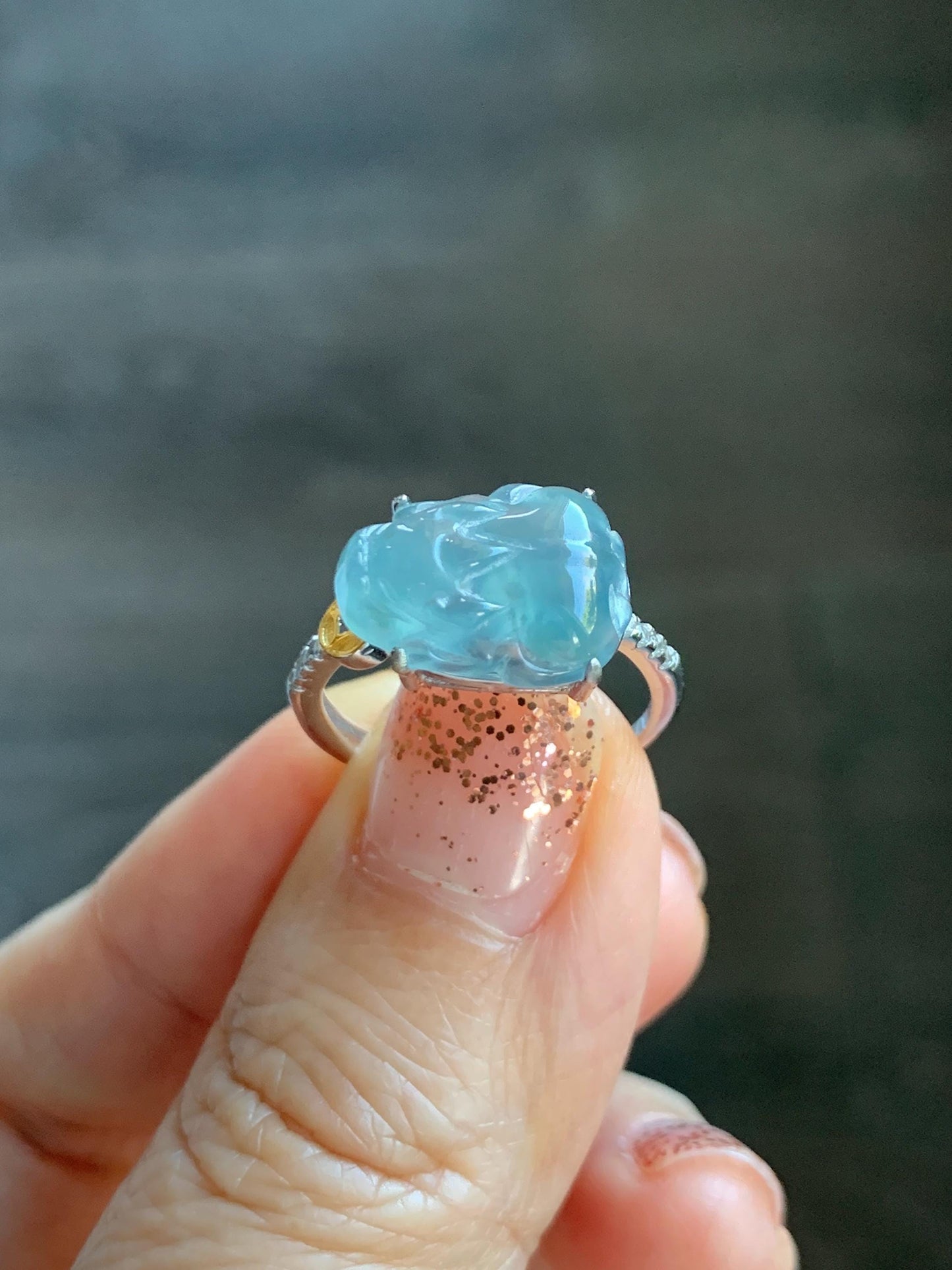 Natural Grade A Guatemalan Icy Highly Translucent Teal Jade Jadeite Pixiu Ring Sterling Silver Size 7 US Adjustable 天然冰危浅蓝翡翠貔貅银镶戒指 WLP96A