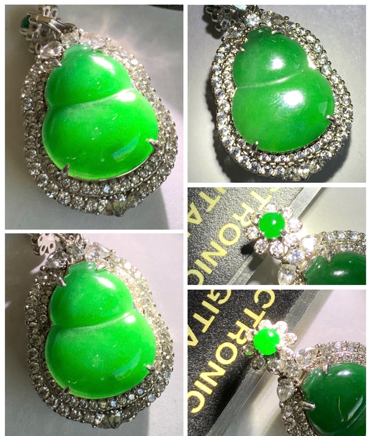 Natural Grade A Guatemalan Icy Translucent Vibrant Green Jade Jadeite Gourd Hulu Pendant Sterling Silver 5g 天然冰危绿翡翠葫芦吊坠 XMH330A
