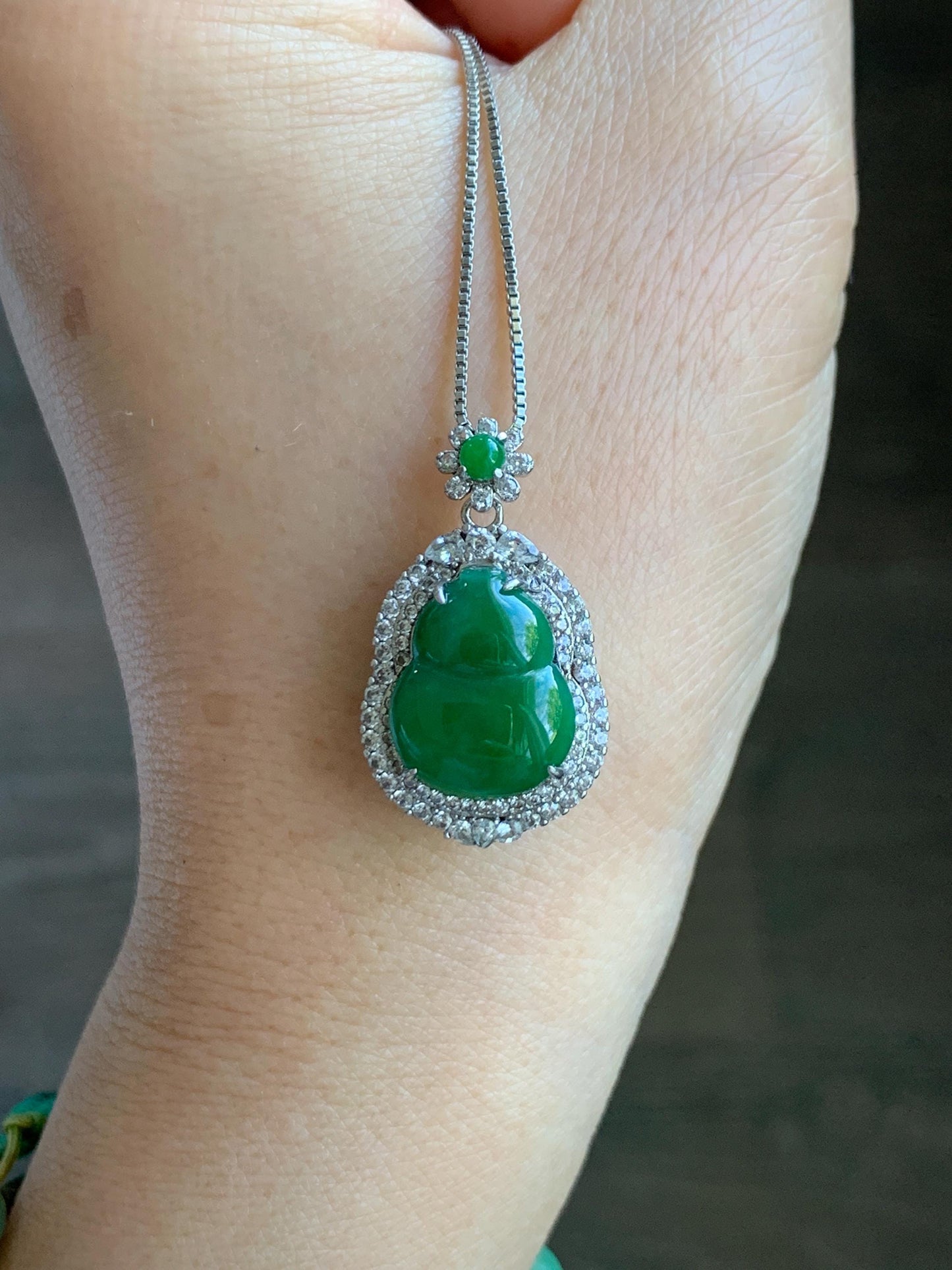 Natural Grade A Guatemalan Icy Translucent Vibrant Green Jade Jadeite Gourd Hulu Pendant Sterling Silver 5g 天然冰危绿翡翠葫芦吊坠 XMH330A