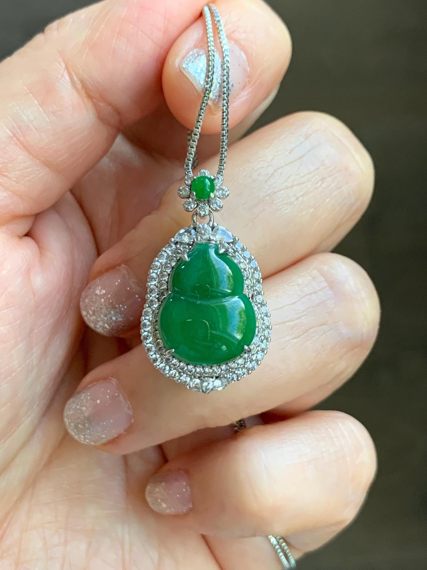 Natural Grade A Guatemalan Icy Translucent Vibrant Green Jade Jadeite Gourd Hulu Pendant Sterling Silver 5g 天然冰危绿翡翠葫芦吊坠 XMH330A