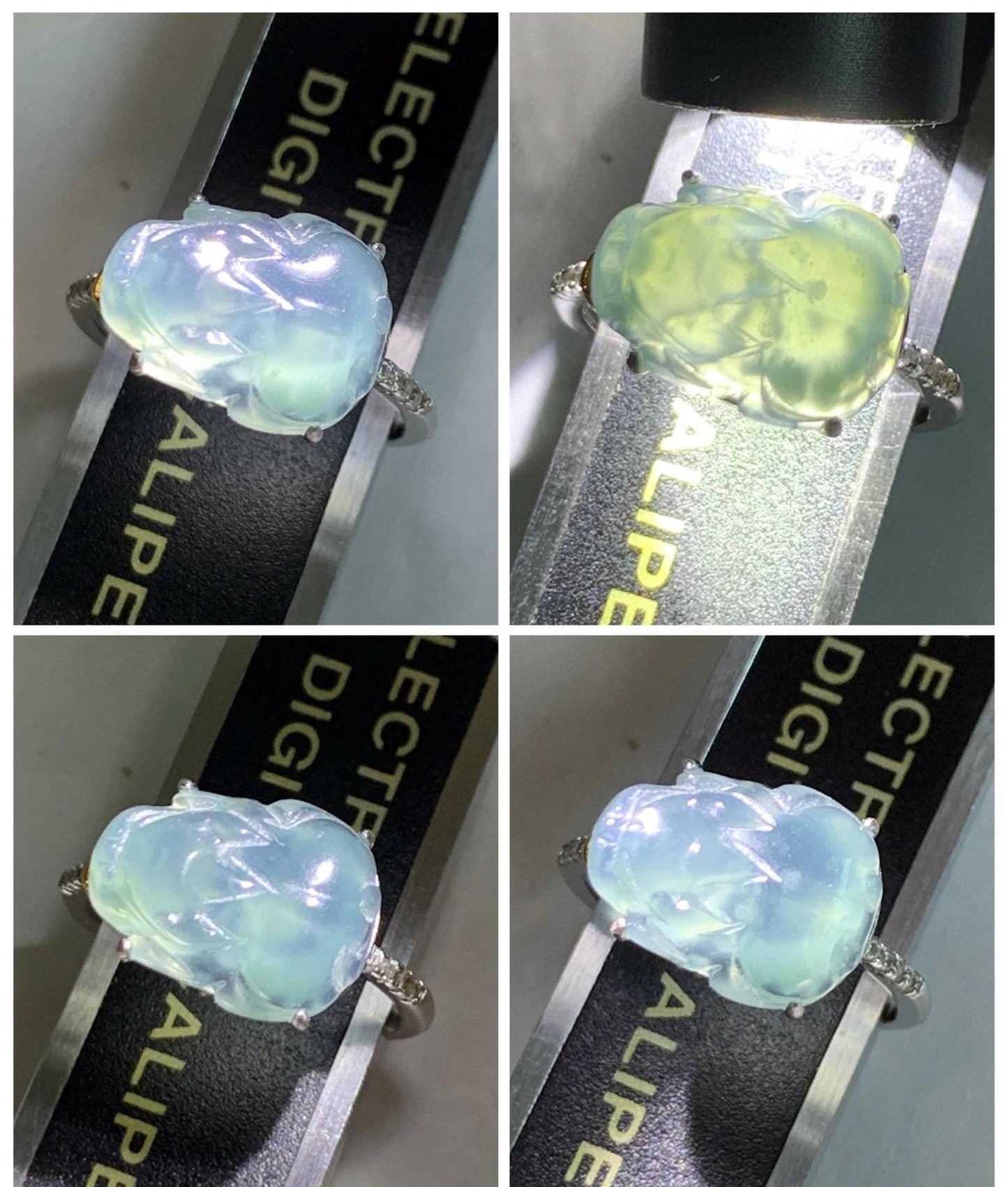 Natural Grade A Guatemalan Icy Highly Translucent Teal Jade Jadeite Pixiu Ring Sterling Silver Size 7 US Adjustable 天然冰危浅蓝翡翠貔貅银镶戒指 WLP96A