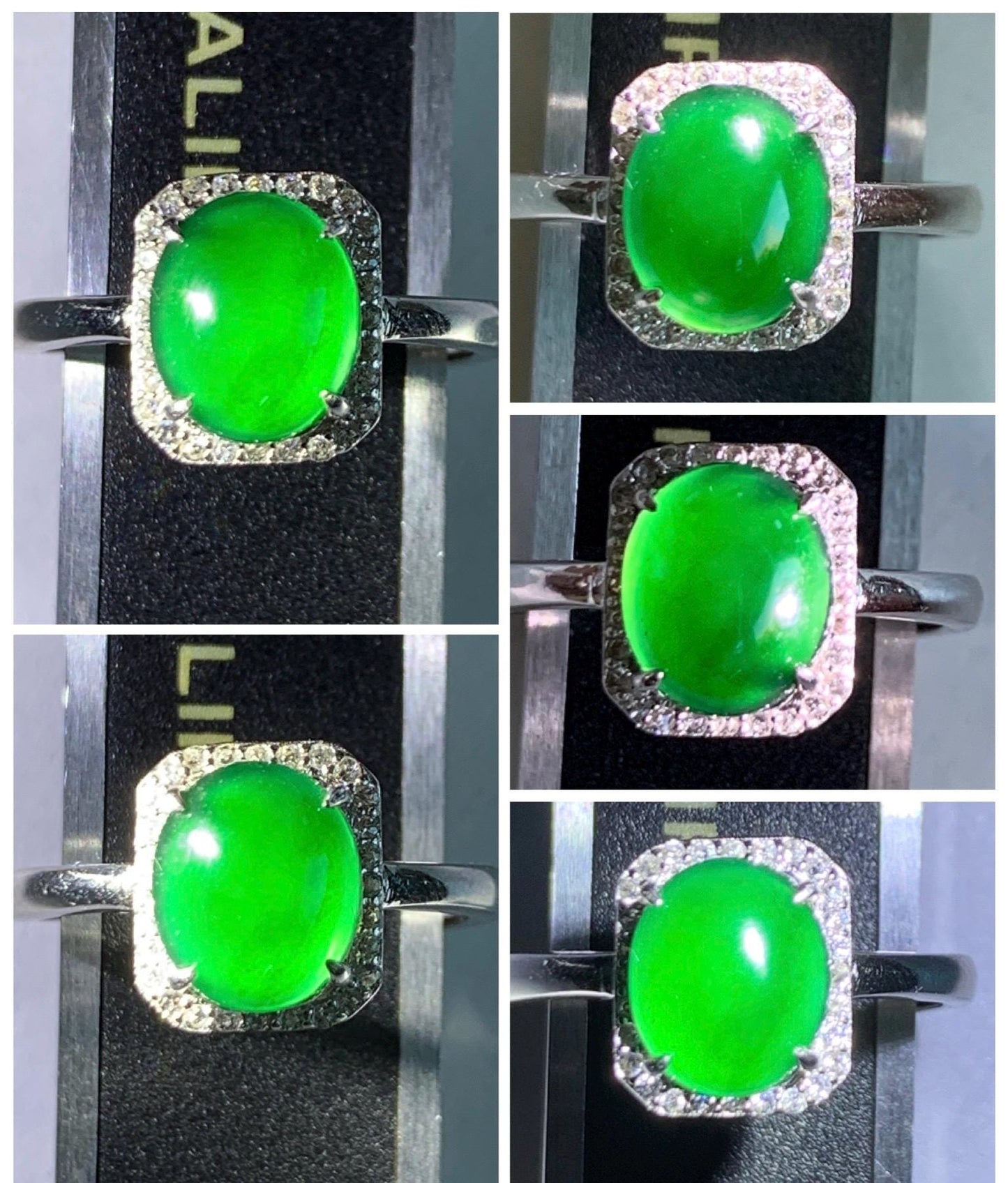 Natural Grade A Guatemalan Icy Translucent Vibrant Green Oval Jade Jadeite Ring Sterling Silver Size 7 US Adjustable 天然冰危绿翡翠蛋面银镶戒指 WLO110