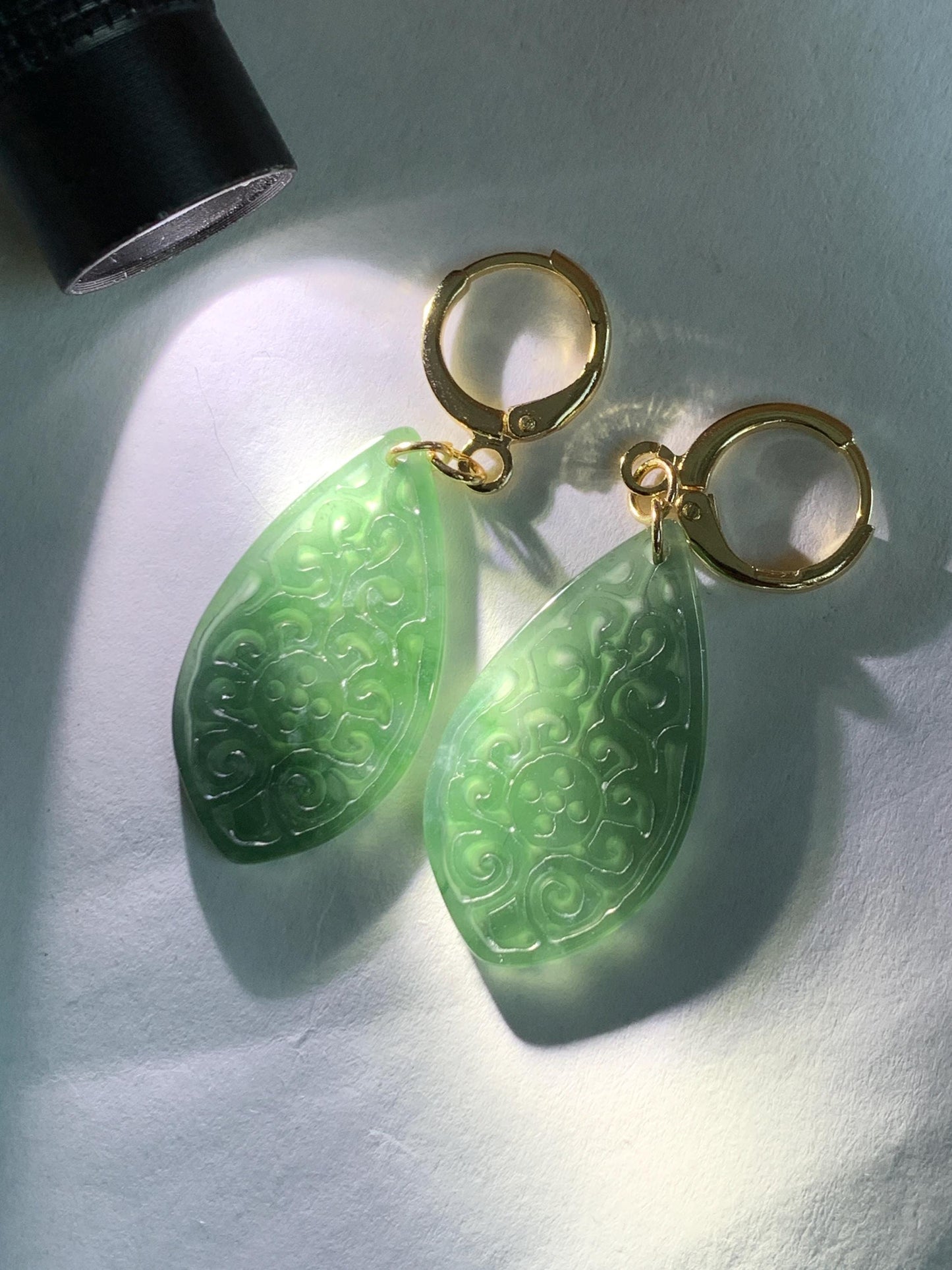 Natural Guatemalan Grade A Icy Translucent Dark Teal Blue Jade Jadeite Teardrop Dangle Earrings 14K Gold Plated 天然冰危深蓝绿翡翠仿古雕水滴包金耳吊 FGD96A