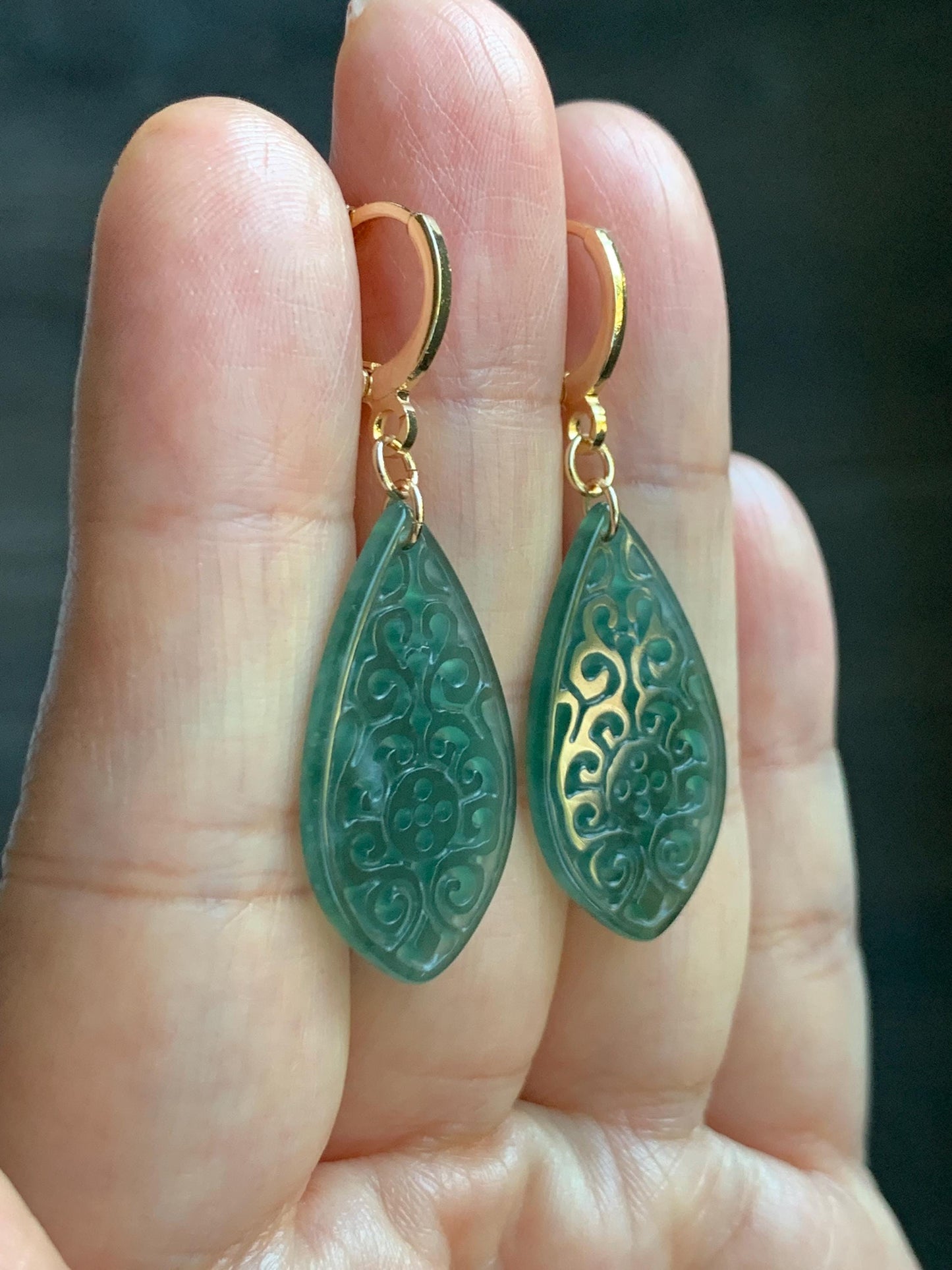 Natural Guatemalan Grade A Icy Translucent Dark Teal Blue Jade Jadeite Teardrop Dangle Earrings 14K Gold Plated 天然冰危深蓝绿翡翠仿古雕水滴包金耳吊 FGD96A