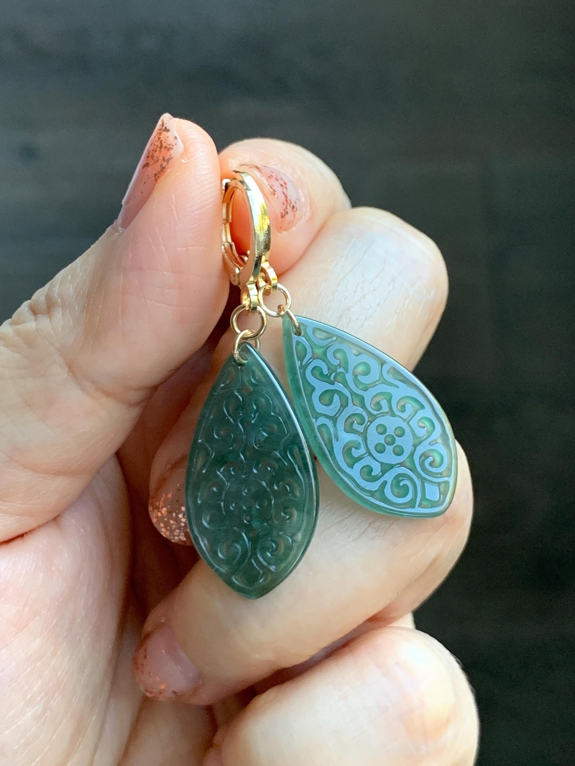 Natural Guatemalan Grade A Icy Translucent Dark Teal Blue Jade Jadeite Teardrop Dangle Earrings 14K Gold Plated 天然冰危深蓝绿翡翠仿古雕水滴包金耳吊 FGD96A