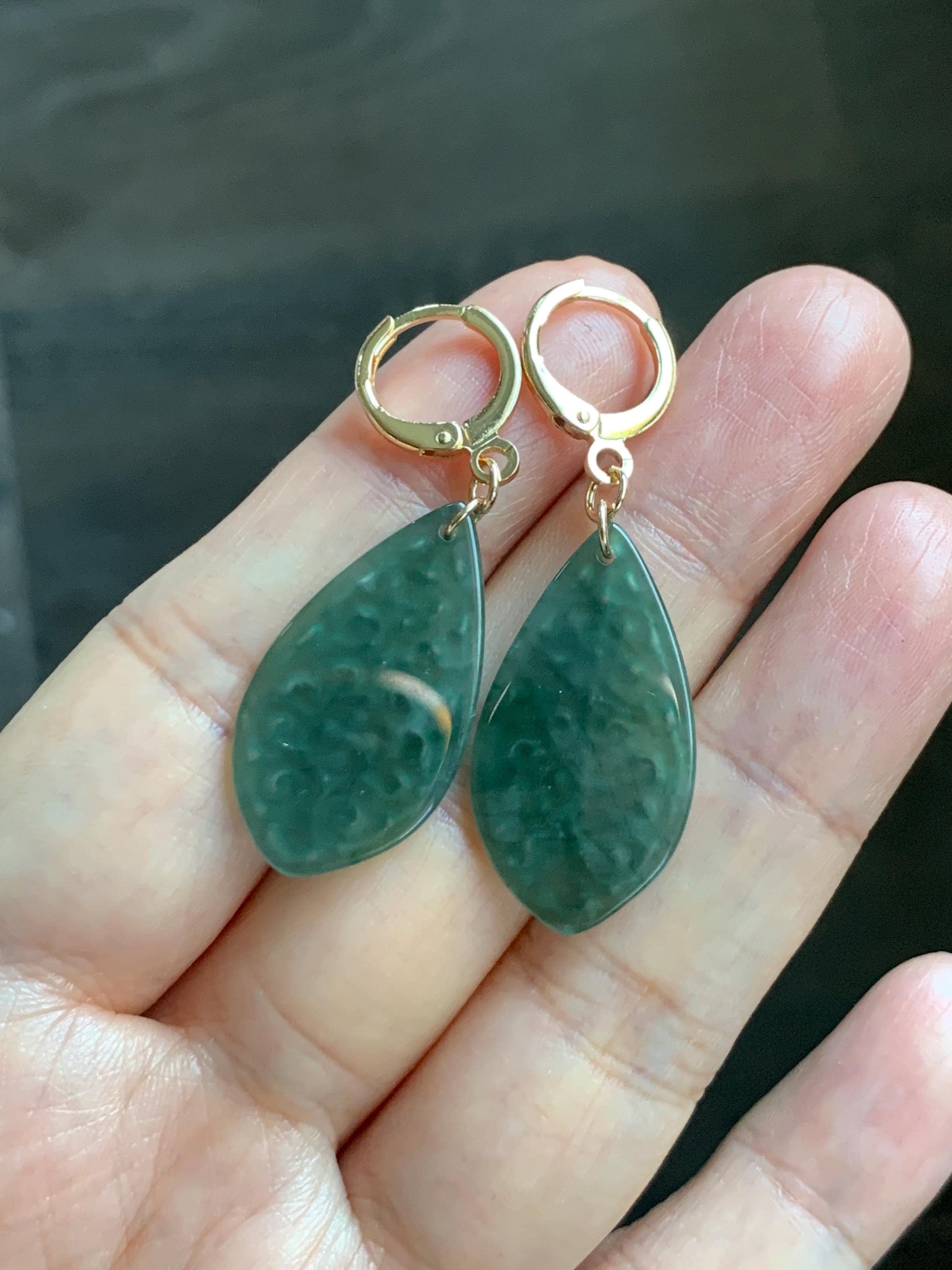 Natural Guatemalan Grade A Icy Translucent Dark Teal Blue Jade Jadeite Teardrop Dangle Earrings 14K Gold Plated 天然冰危深蓝绿翡翠仿古雕水滴包金耳吊 FGD96A