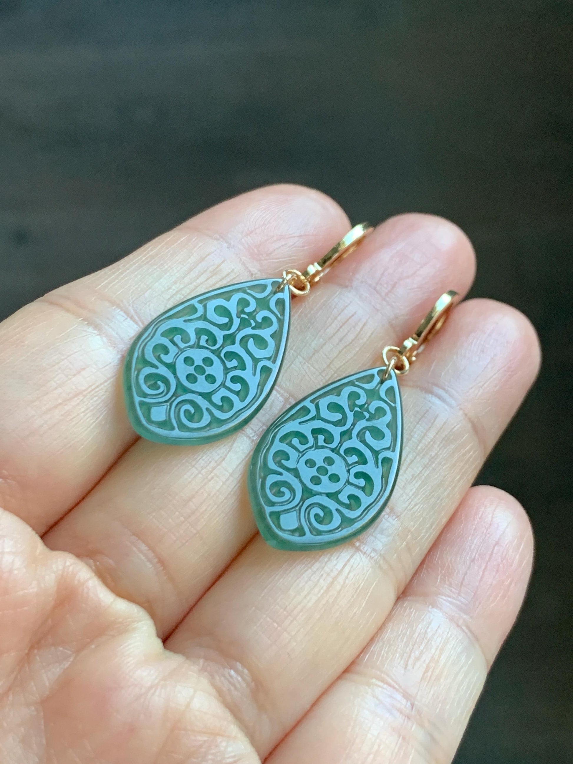 Natural Guatemalan Grade A Icy Translucent Dark Teal Blue Jade Jadeite Teardrop Dangle Earrings 14K Gold Plated 天然冰危深蓝绿翡翠仿古雕水滴包金耳吊 FGD96A