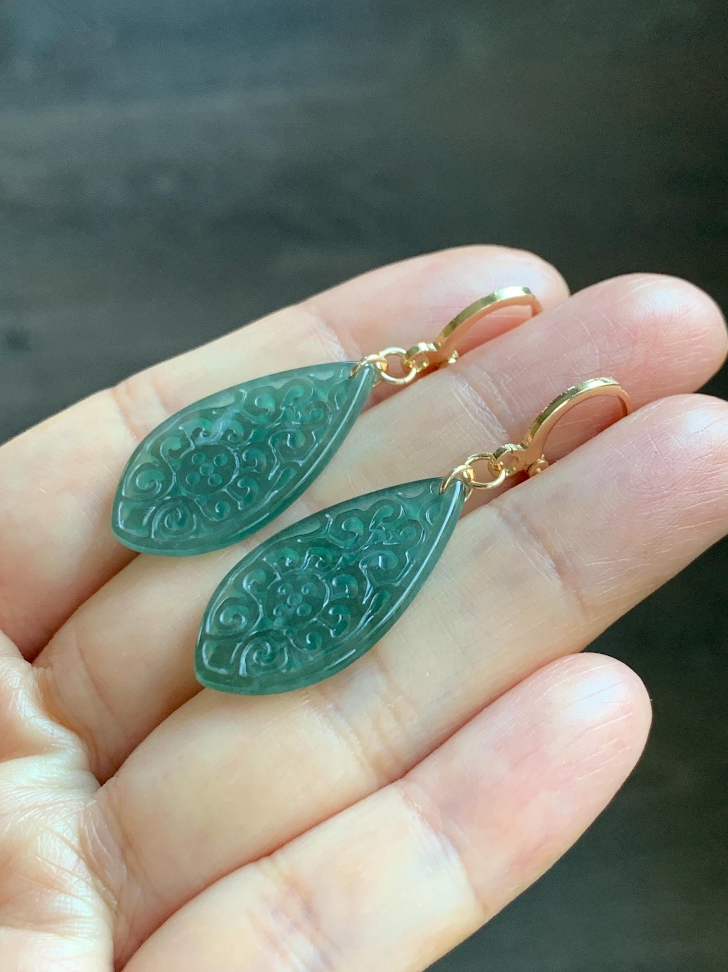 Natural Guatemalan Grade A Icy Translucent Dark Teal Blue Jade Jadeite Teardrop Dangle Earrings 14K Gold Plated 天然冰危深蓝绿翡翠仿古雕水滴包金耳吊 FGD96A