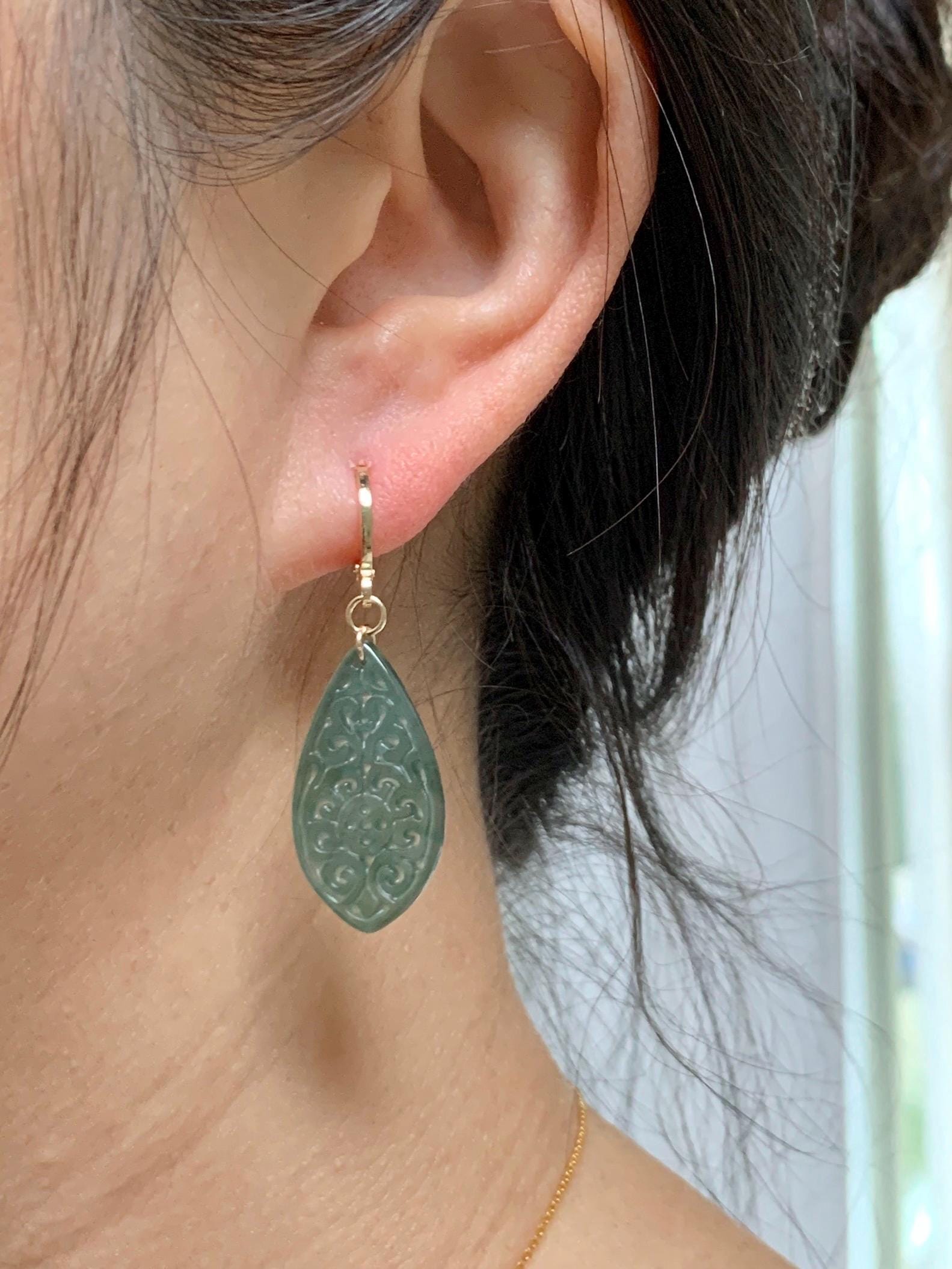 Natural Guatemalan Grade A Icy Translucent Dark Teal Blue Jade Jadeite Teardrop Dangle Earrings 14K Gold Plated 天然冰危深蓝绿翡翠仿古雕水滴包金耳吊 FGD96A