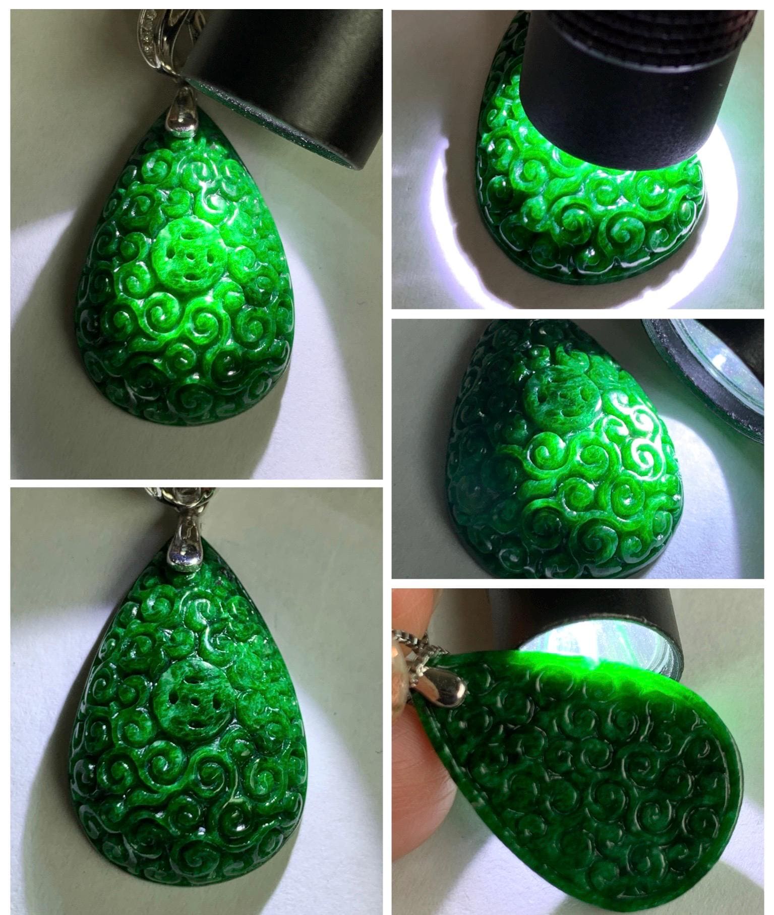 Certified Natural Grade A Intense “Hot” Green Jade Jadeite Engraved Teardrop Pendant 14K White Gold Moissanite 6g 天然满辣绿花青翡翠仿古雕水滴吊坠 160