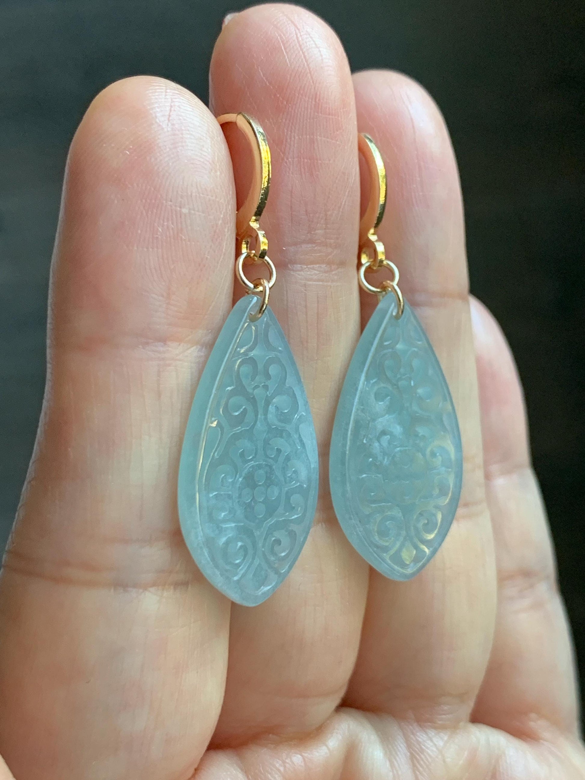 Natural Guatemalan Grade A Icy Translucent Pastel Teal Jade Jadeite Teardrop Dangle Earrings 14K Gold Plated 天然冰危浅蓝翡翠仿古雕水滴包金耳吊 FGD96B