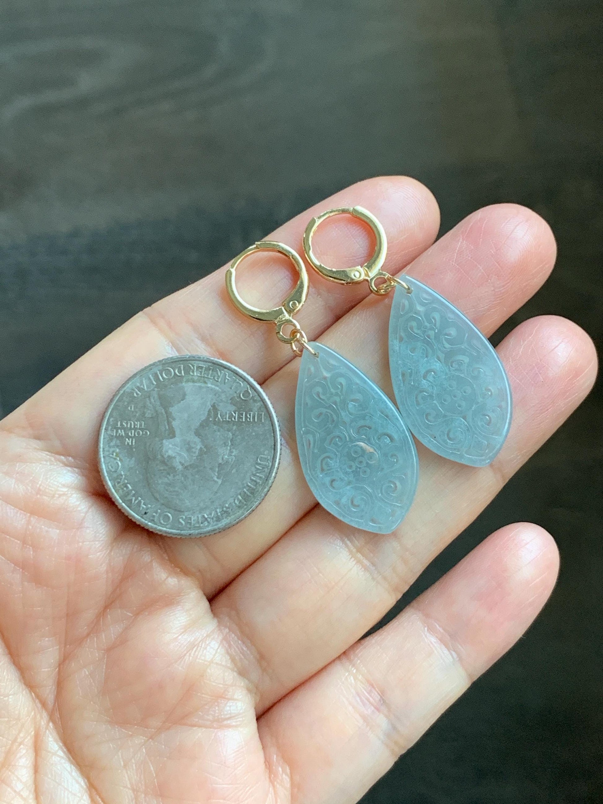 Natural Guatemalan Grade A Icy Translucent Pastel Teal Jade Jadeite Teardrop Dangle Earrings 14K Gold Plated 天然冰危浅蓝翡翠仿古雕水滴包金耳吊 FGD96B