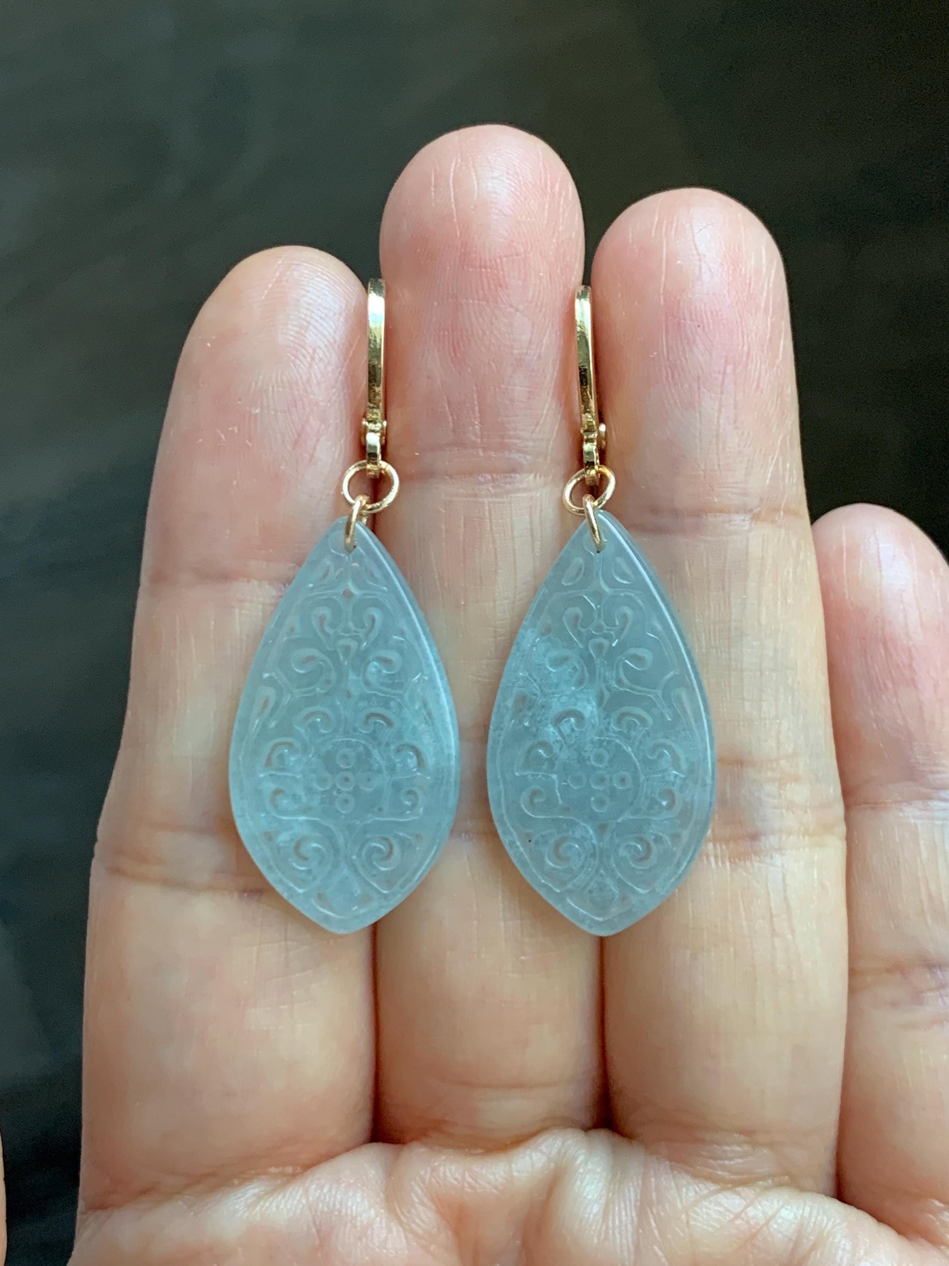 Natural Guatemalan Grade A Icy Translucent Pastel Teal Jade Jadeite Teardrop Dangle Earrings 14K Gold Plated 天然冰危浅蓝翡翠仿古雕水滴包金耳吊 FGD96B