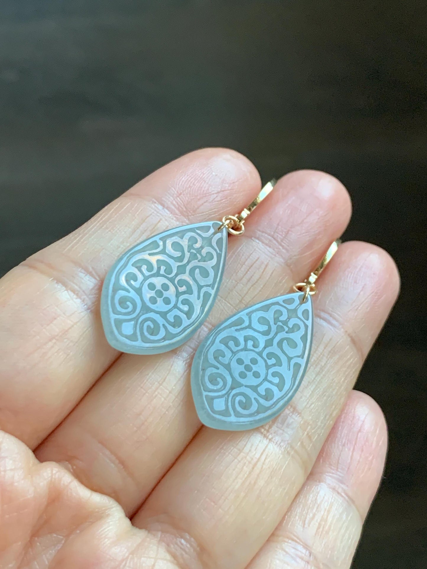 Natural Guatemalan Grade A Icy Translucent Pastel Teal Jade Jadeite Teardrop Dangle Earrings 14K Gold Plated 天然冰危浅蓝翡翠仿古雕水滴包金耳吊 FGD96B