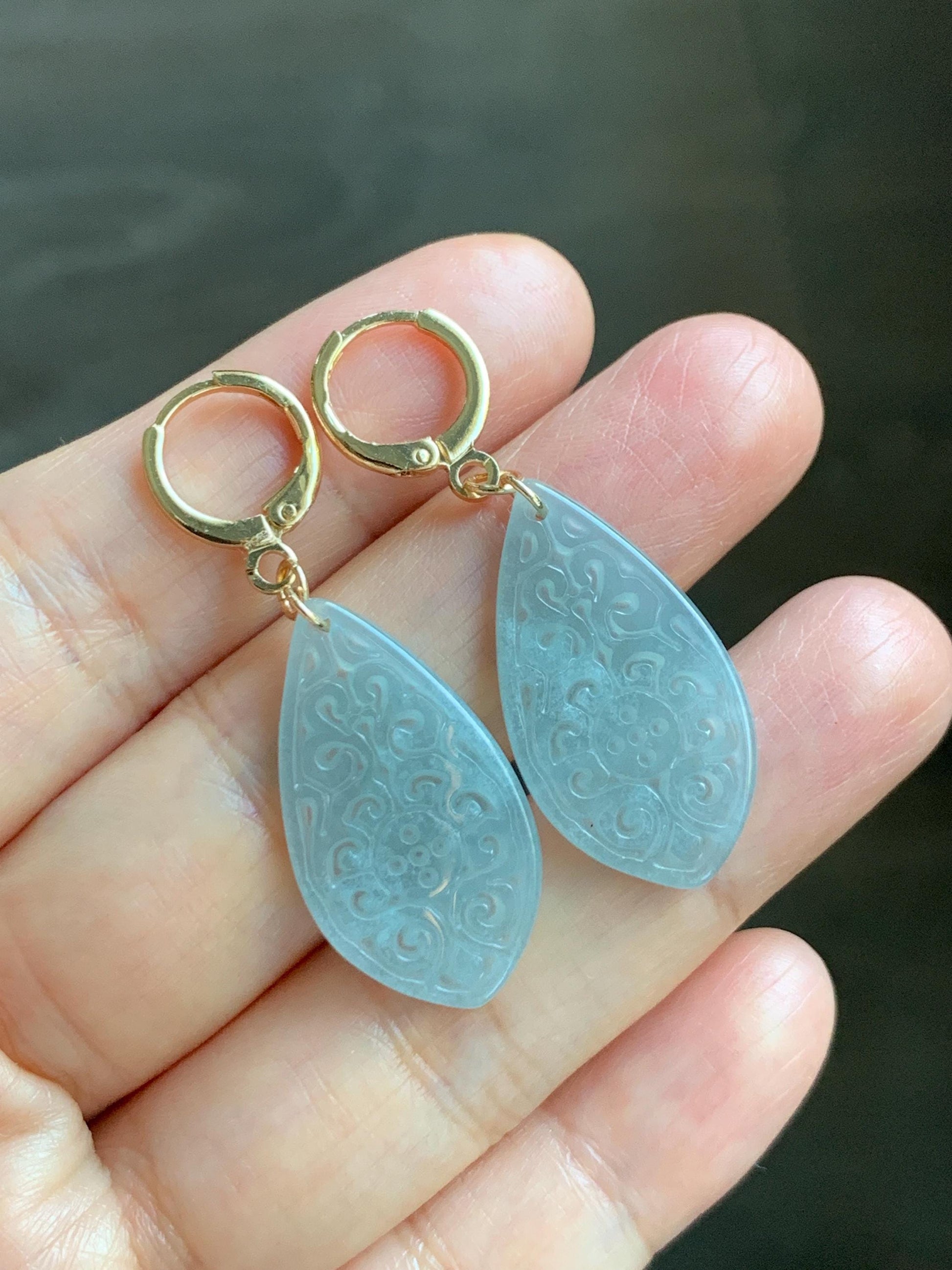 Natural Guatemalan Grade A Icy Translucent Pastel Teal Jade Jadeite Teardrop Dangle Earrings 14K Gold Plated 天然冰危浅蓝翡翠仿古雕水滴包金耳吊 FGD96B