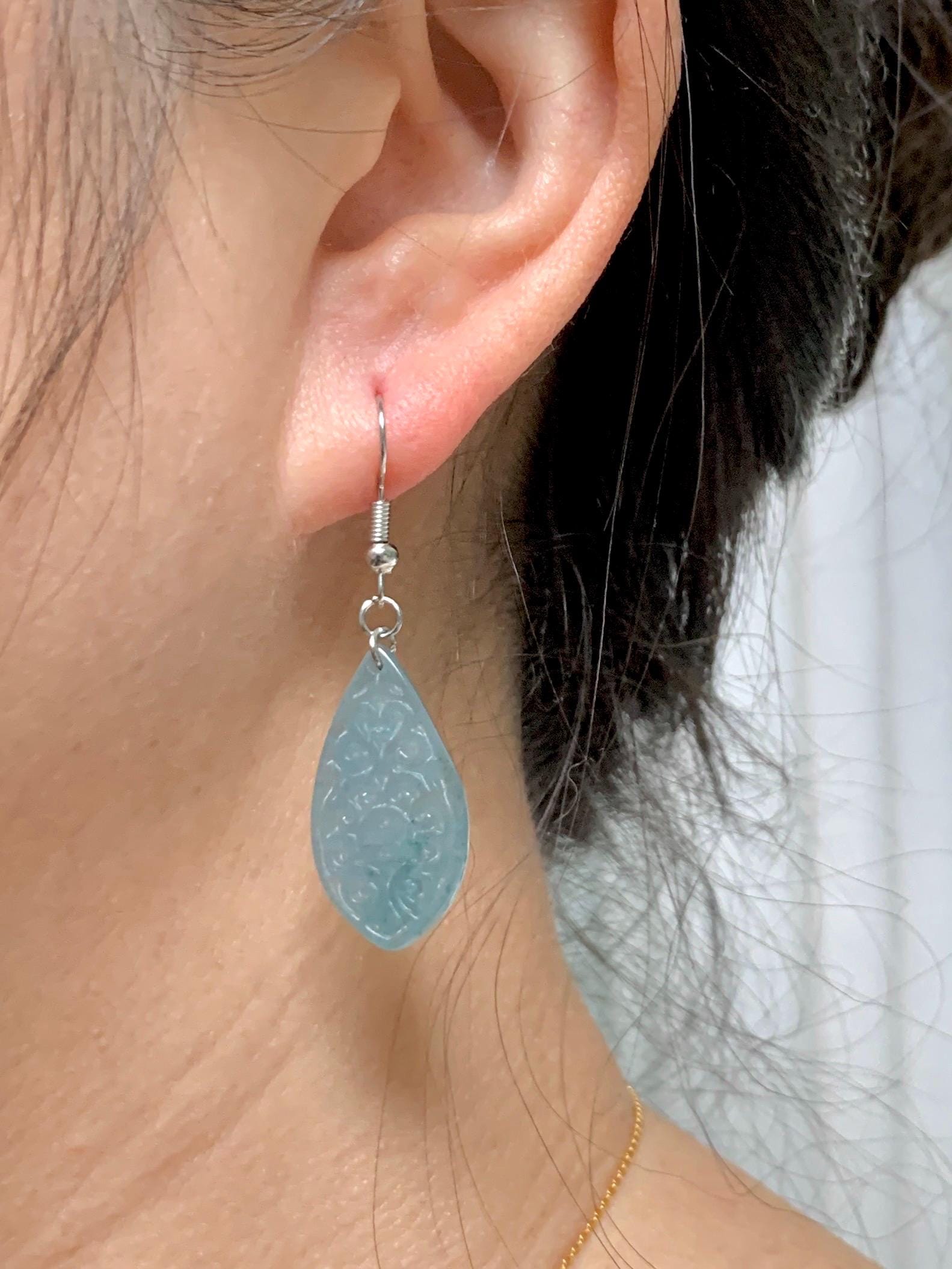 Natural Guatemalan Grade A Icy Translucent Dusty Teal Blue Jadeite Teardrop Dangle Earrings White Gold Plated 天然冰危浅蓝翡翠仿古雕水滴包金耳吊 FGD96C