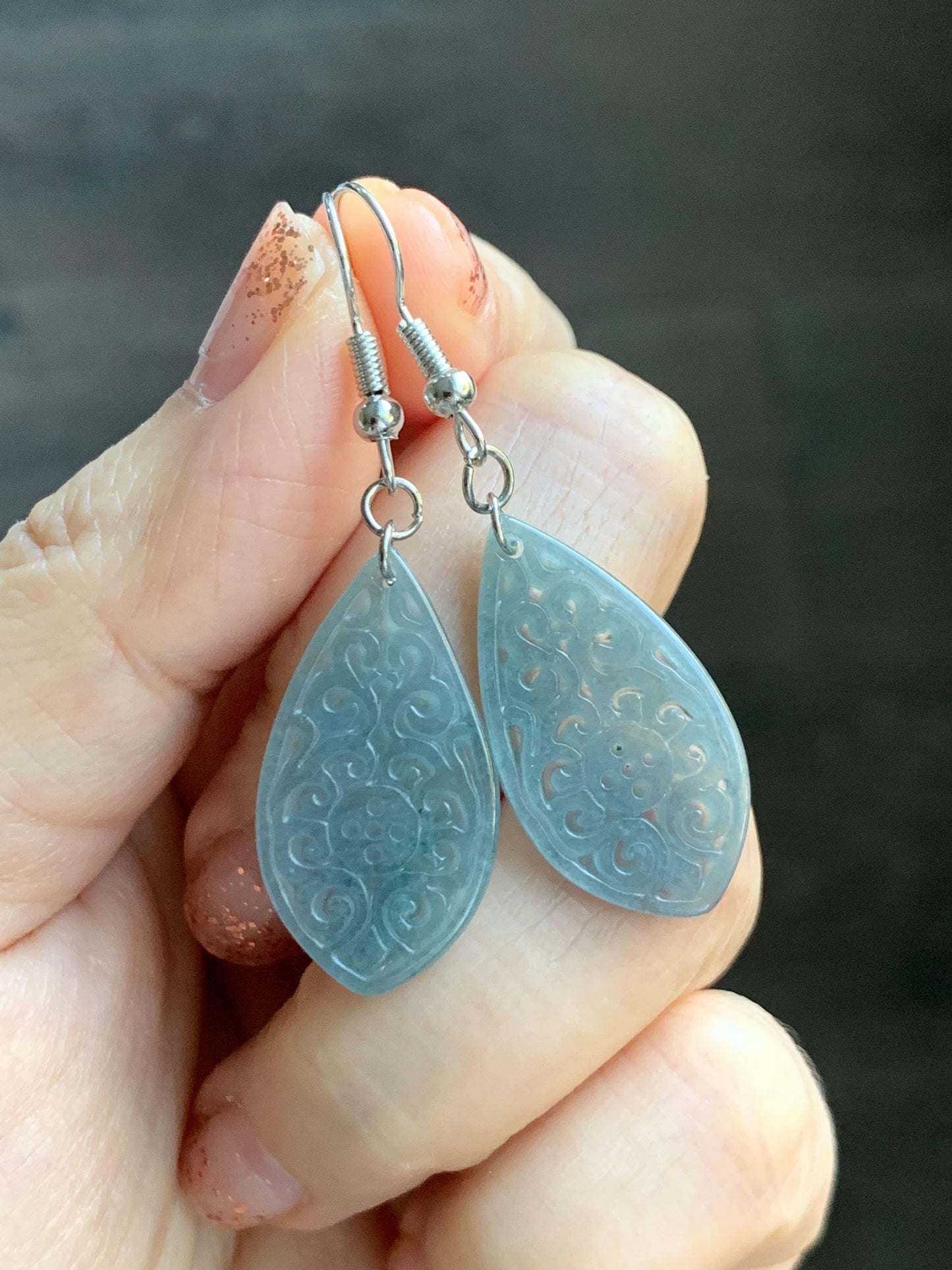 Natural Guatemalan Grade A Icy Translucent Dusty Teal Blue Jadeite Teardrop Dangle Earrings White Gold Plated 天然冰危浅蓝翡翠仿古雕水滴包金耳吊 FGD96C