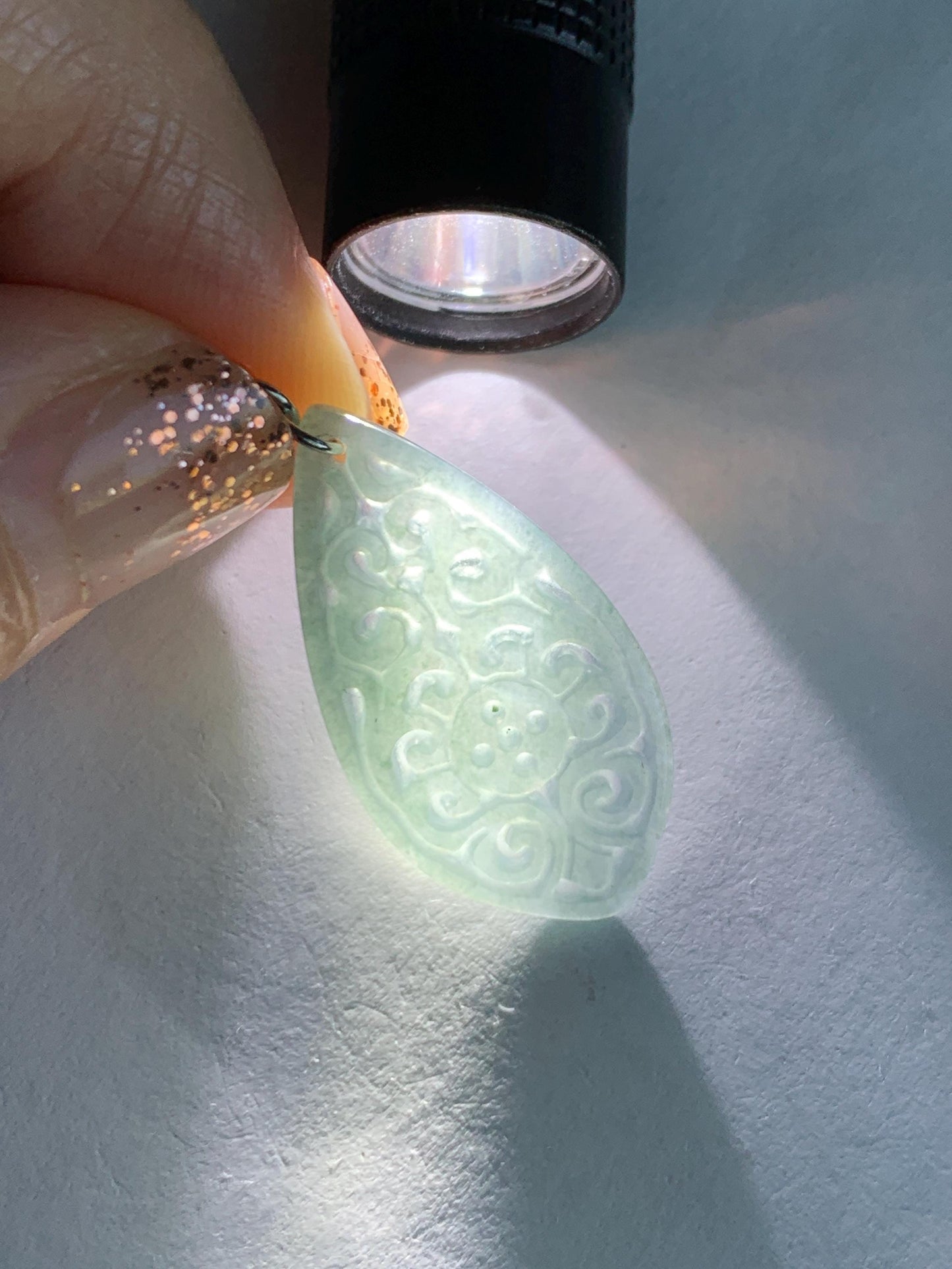 Natural Guatemalan Grade A Icy Translucent Dusty Teal Blue Jadeite Teardrop Dangle Earrings White Gold Plated 天然冰危浅蓝翡翠仿古雕水滴包金耳吊 FGD96C