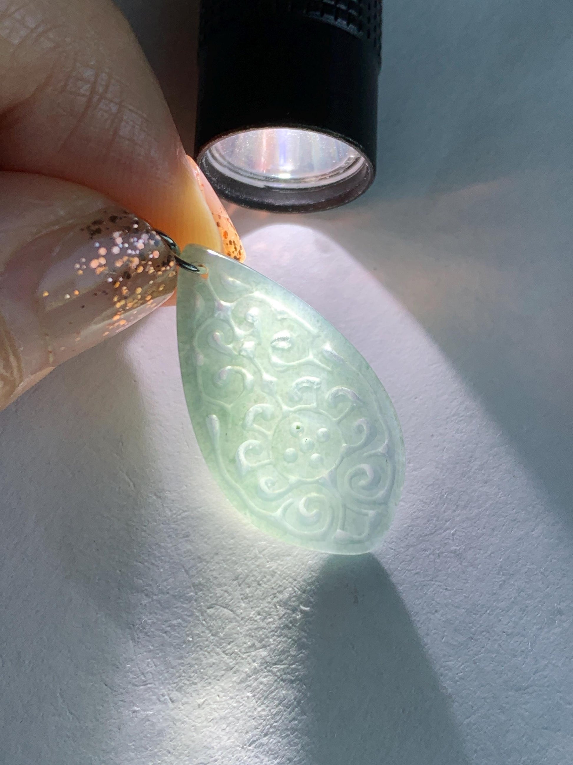 Natural Guatemalan Grade A Icy Translucent Dusty Teal Blue Jadeite Teardrop Dangle Earrings White Gold Plated 天然冰危浅蓝翡翠仿古雕水滴包金耳吊 FGD96C
