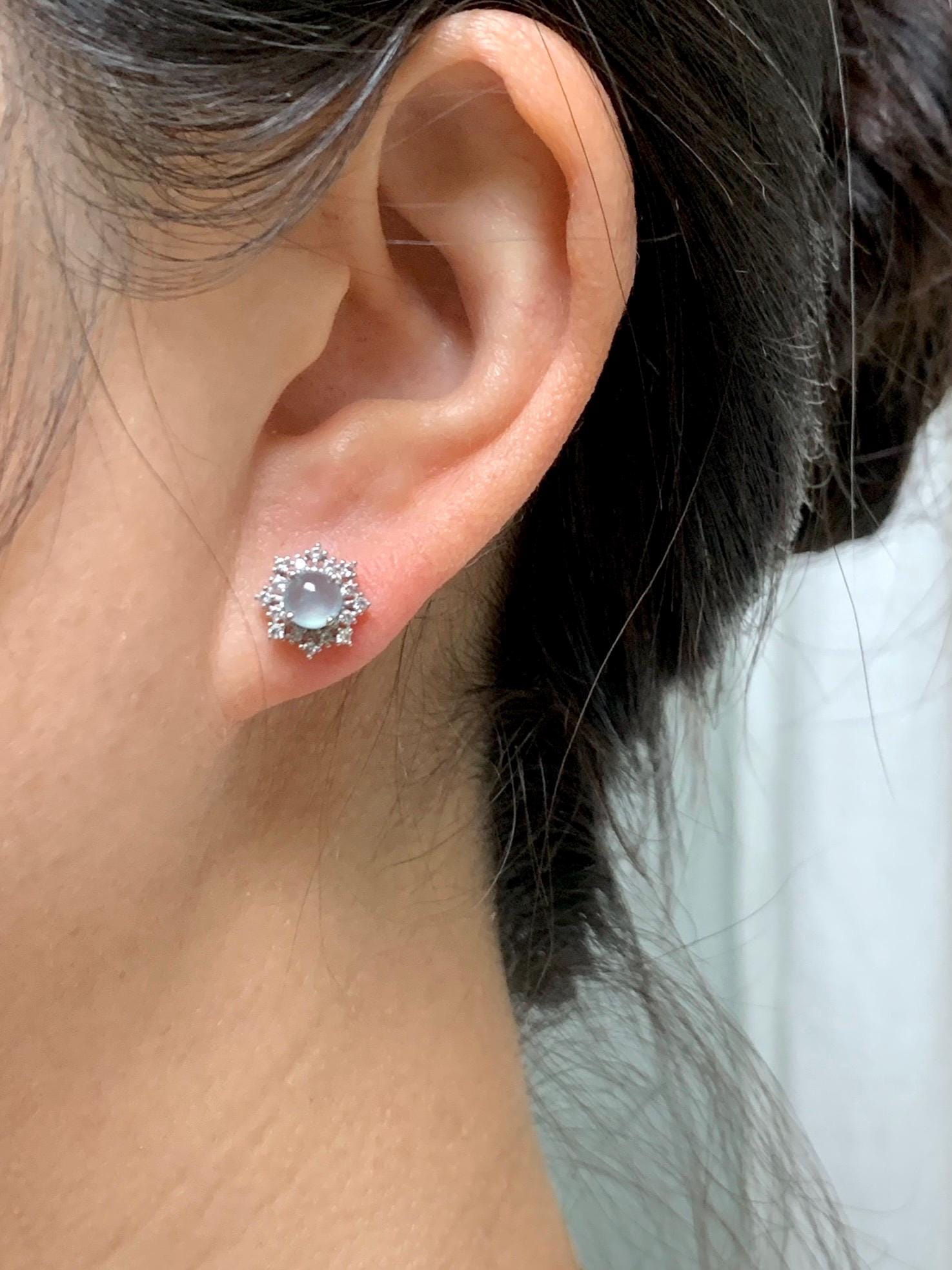 Natural grade A Guatemalan Icy Highly Translucent Pastel Blue Jade Jadeite Snowflake Stud Earrings Sterling Silver 天然冰危淡蓝翡翠银镶耳钉 XHD77