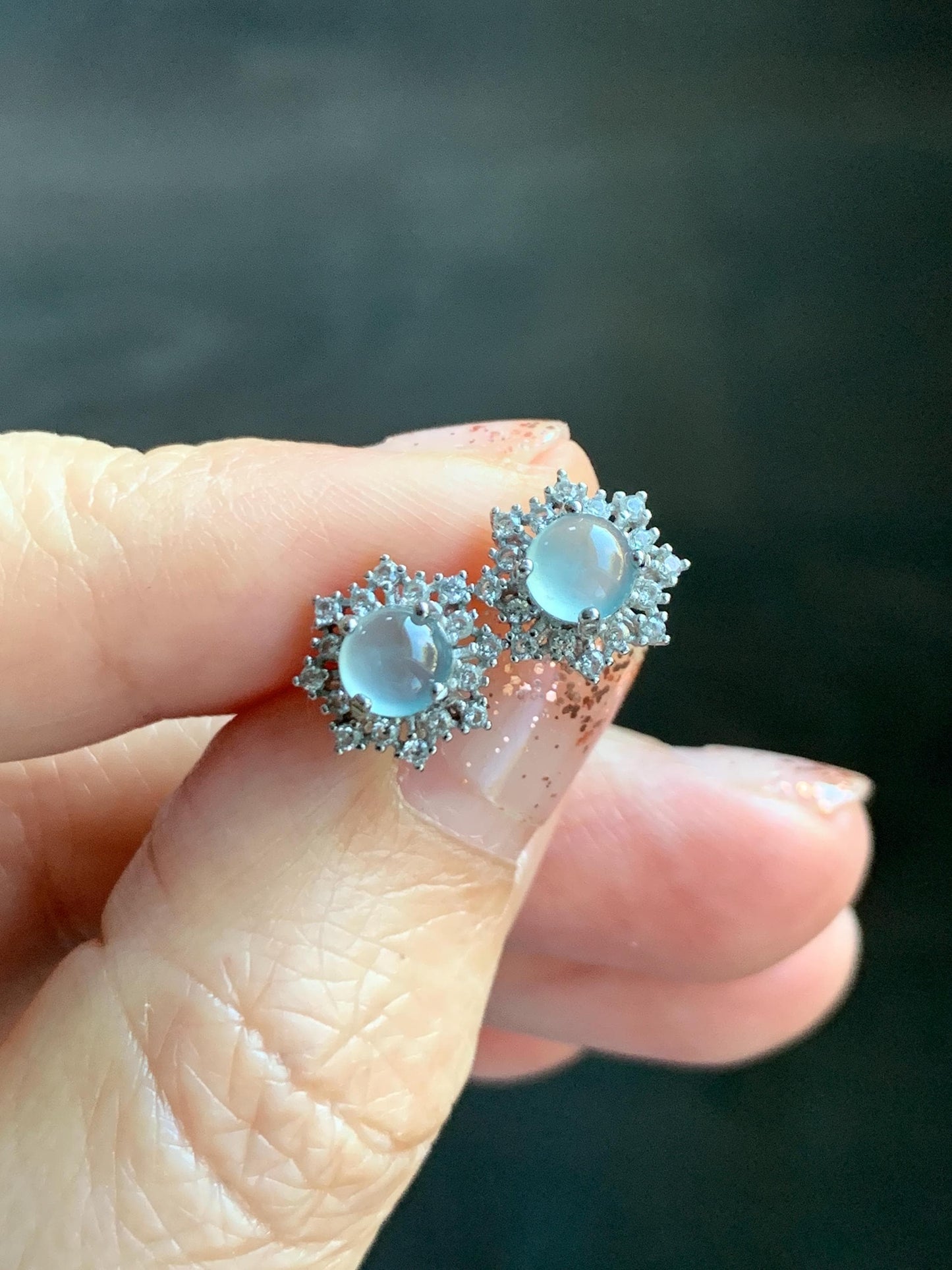 Natural grade A Guatemalan Icy Highly Translucent Pastel Blue Jade Jadeite Snowflake Stud Earrings Sterling Silver 天然冰危淡蓝翡翠银镶耳钉 XHD77