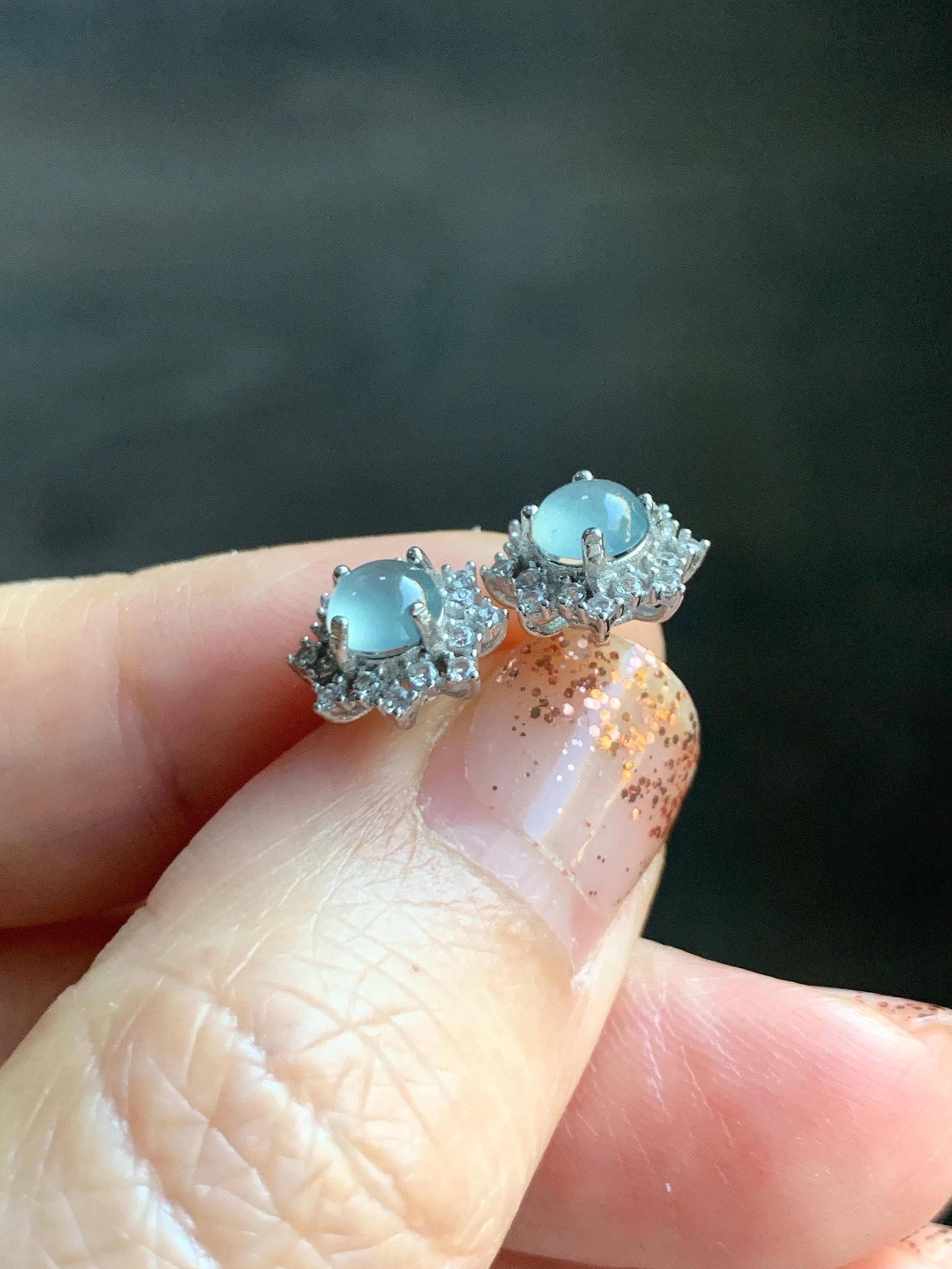 Natural grade A Guatemalan Icy Highly Translucent Pastel Blue Jade Jadeite Snowflake Stud Earrings Sterling Silver 天然冰危淡蓝翡翠银镶耳钉 XHD77